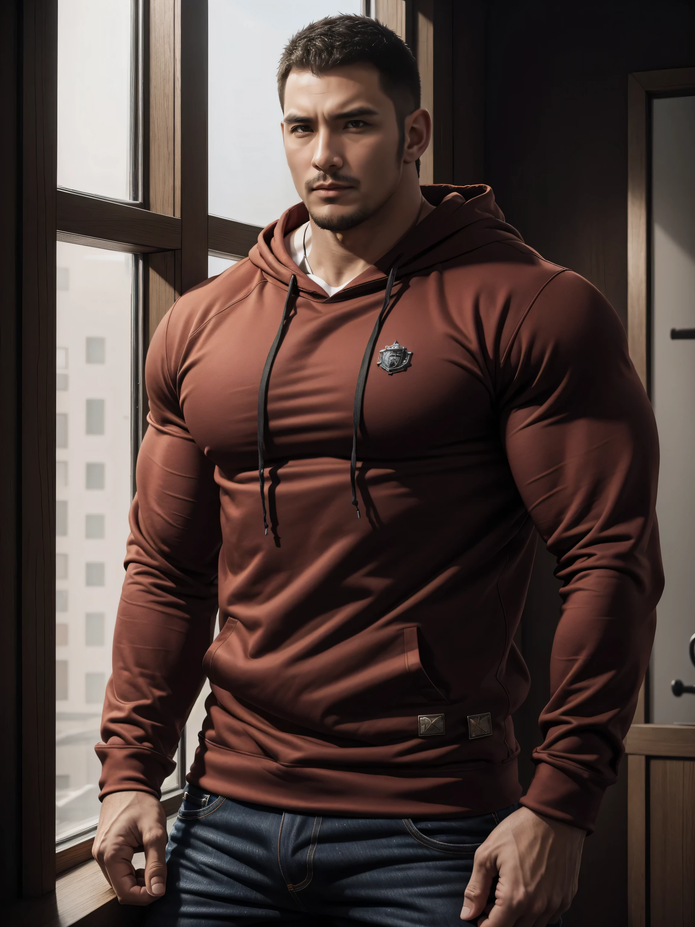 Tall giant muscular肌肉男,红色和黑色连帽Sweatshirt,Sweatshirt,jeans,character concept(Resident Evil - chris redfield,chris redfield)proud expression,Deep and charming eyes,heroic male pose,高大burly,muscular!muscular大腿,tough guy,perfect facial features,High, burly, Heqiang, Super gain and cool, high resolution committee,Charming strong man,The bright sunshine shines on you through the window