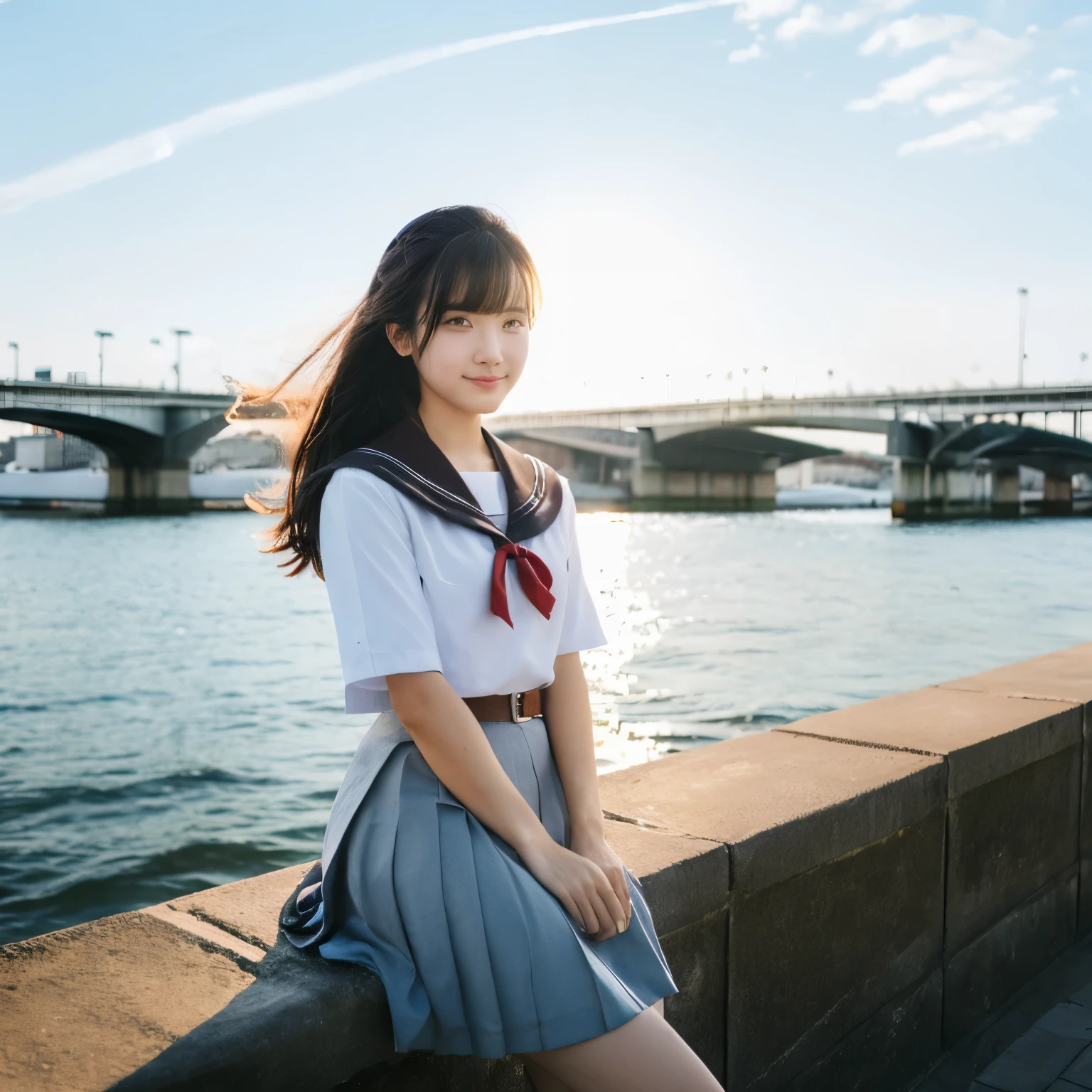 masterpiece, Bokeh, (Beautiful Face), (Detailed face), (Perfect hands), (Japanese Idols:1.6), (school uniform:1.3), (Ultra-realistic pantyhose:1.3), (Sit at the top of the tower:1.3),( Large bridge construction site:1.3), (Blushed:1.3), Working boots, (From below:1.5), Beautiful mature woman、