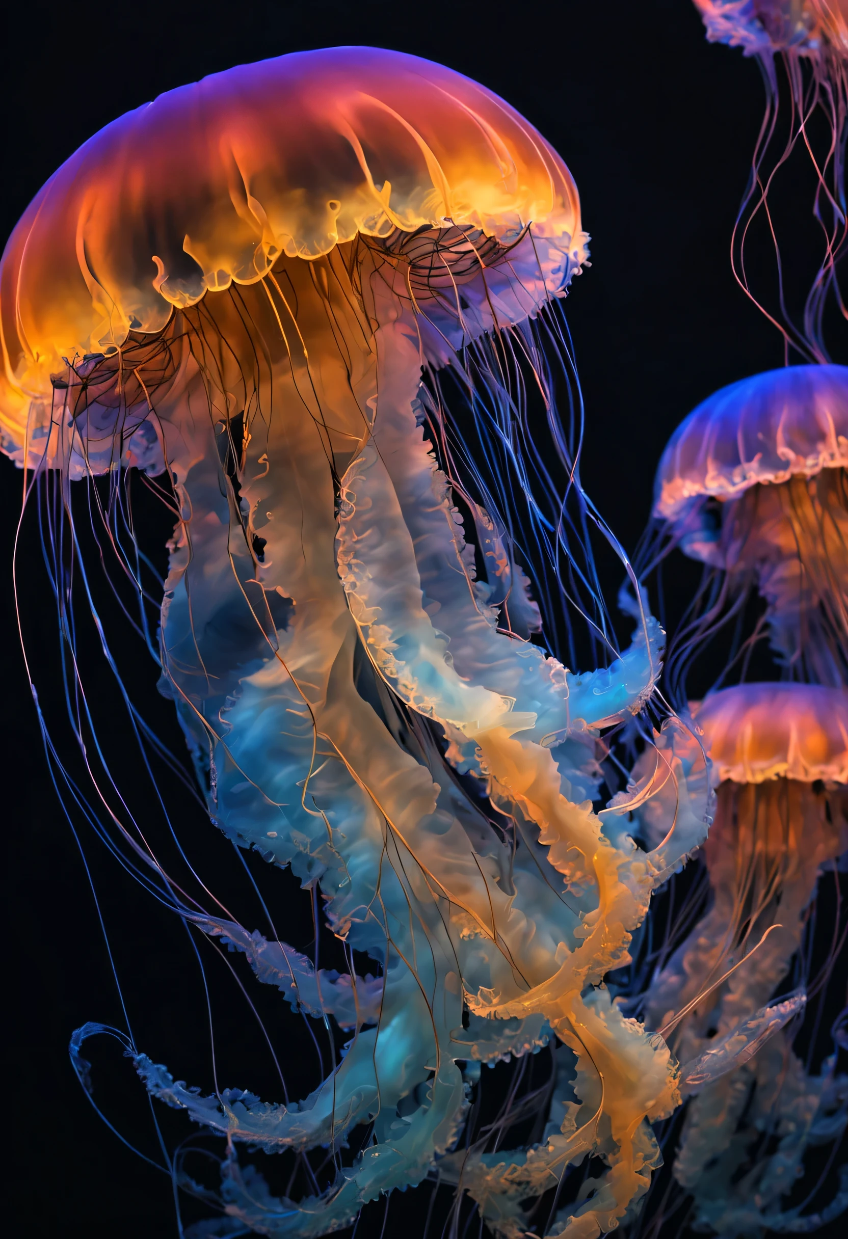 Achieving clear and accurate jellyfish images from the world of neural networks, Brightly colored jellyfish illuminated by black light、Jellyfish from another world, lots of details, very nice job, shadow and shine, filigree craftsmanship, beautiful images, masterpiece, High detail 32k