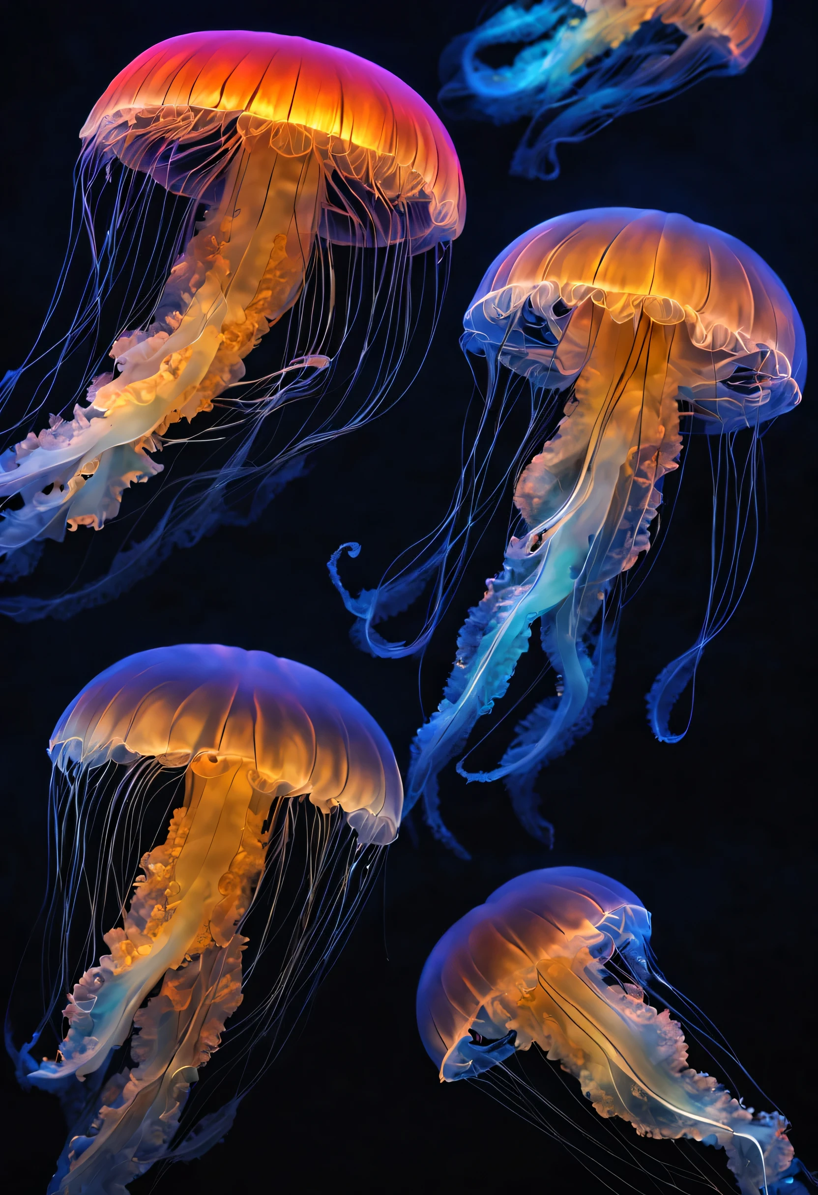 Achieving clear and accurate jellyfish images from the world of neural networks, Brightly colored jellyfish illuminated by black light、Jellyfish from another world, lots of details, very nice job, shadow and shine, filigree craftsmanship, beautiful images, masterpiece, High detail 32k