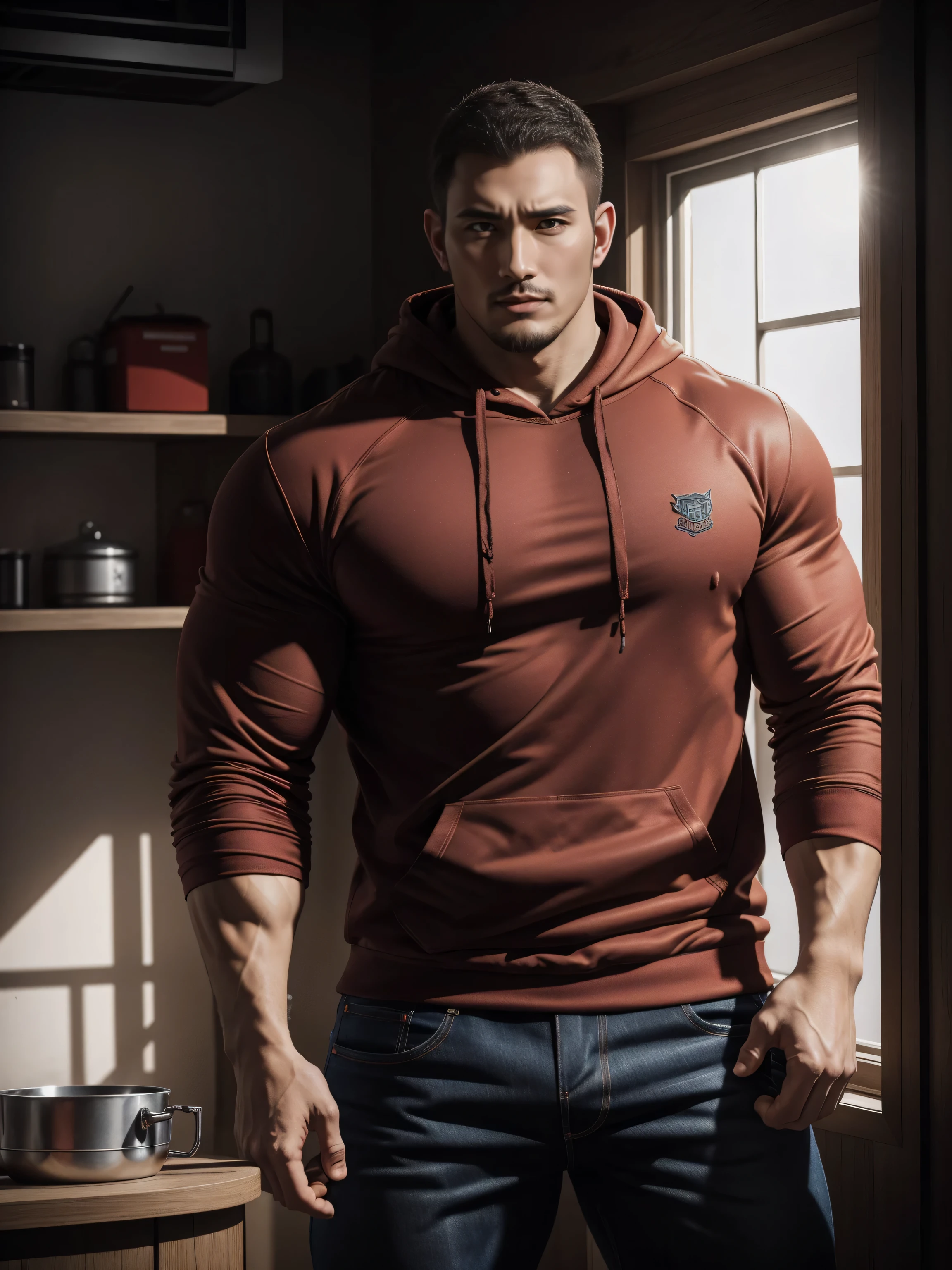 Masterpiece, denoise, void noise, one man, best quality, 8k resolution, male focus, focus only, amazing composition, great lighting, super quality, elegant, Very detailed, (front view), -----------, 35 years old, mature face, (muscular, slim body), handsome, irish, ((detailed light-gray eyes, detailed eyes)), hairy, ((light blonde hair, short straight hair)), (big ears), ((furry, bushy, thick hairy chest)), ((light blonde bushy body hair)), detailed face, (((very pale skin))), (beard, short beard), (((((Russell Tovey))))), --------------, ((((wearing detailed full pants)))), ((((hoodie, hood on head)))),