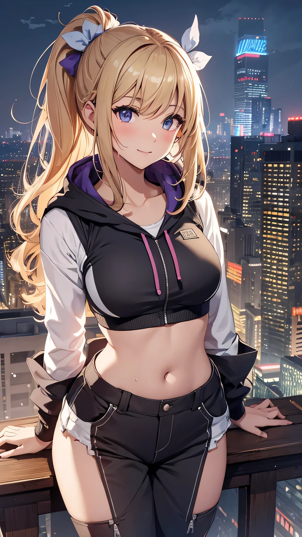 最high quality、best image quality、masterpiece、girl((20-year-old、 By becoming、vest bust、medium bust,wide open breast tea、shining eyes, blonde、long hair、thin,highest valley、ponytail、Black and purple hoodie with a wide open chest、short belly sports pants、cool pose、Please bring your smartphone、sweating、smile、forward leaning movement、)),high quality、beautiful art、background((Rooftop with great atmosphere at night、beautiful illumination))、Flight、debris flies、Depth of written boundary、movie、visual art、perfect art、8k,genuine、