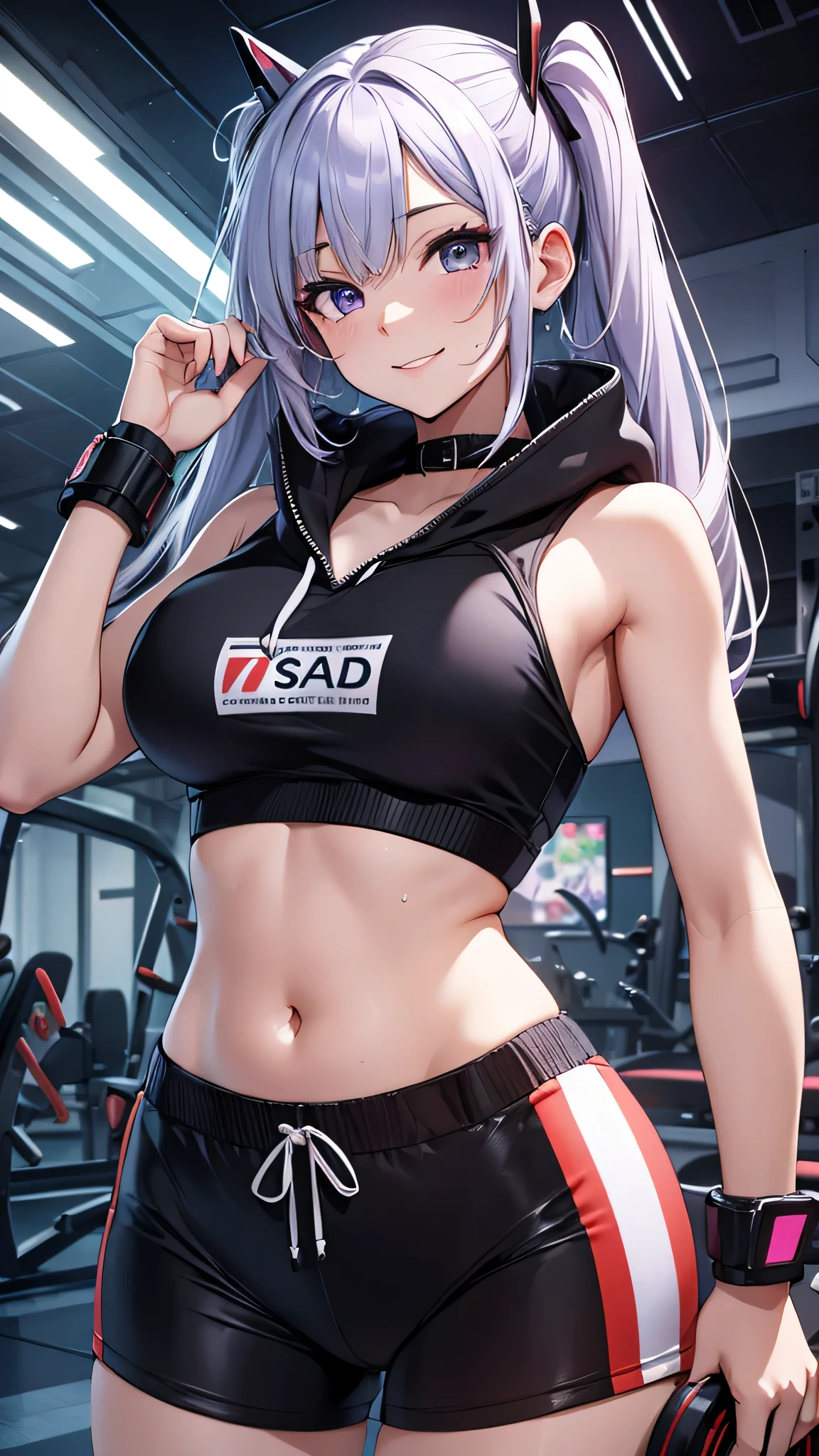 最high quality、best image quality、masterpiece、girl((20-year-old、 By becoming、vest bust、medium bust,wide open breast tea、shining eyes, silver hair、long hair、thin,highest valley、twin tails、right arm bandage、Black and purple hoodie with a wide open chest、short belly sports pants、cool pose、holding a black smartphone、sweating、smile、forward leaning movement)),high quality、beautiful art、background((cyber sports gym))、Flight、debris flies、Depth of written boundary、movie、visual art、perfect art、8k,genuine、