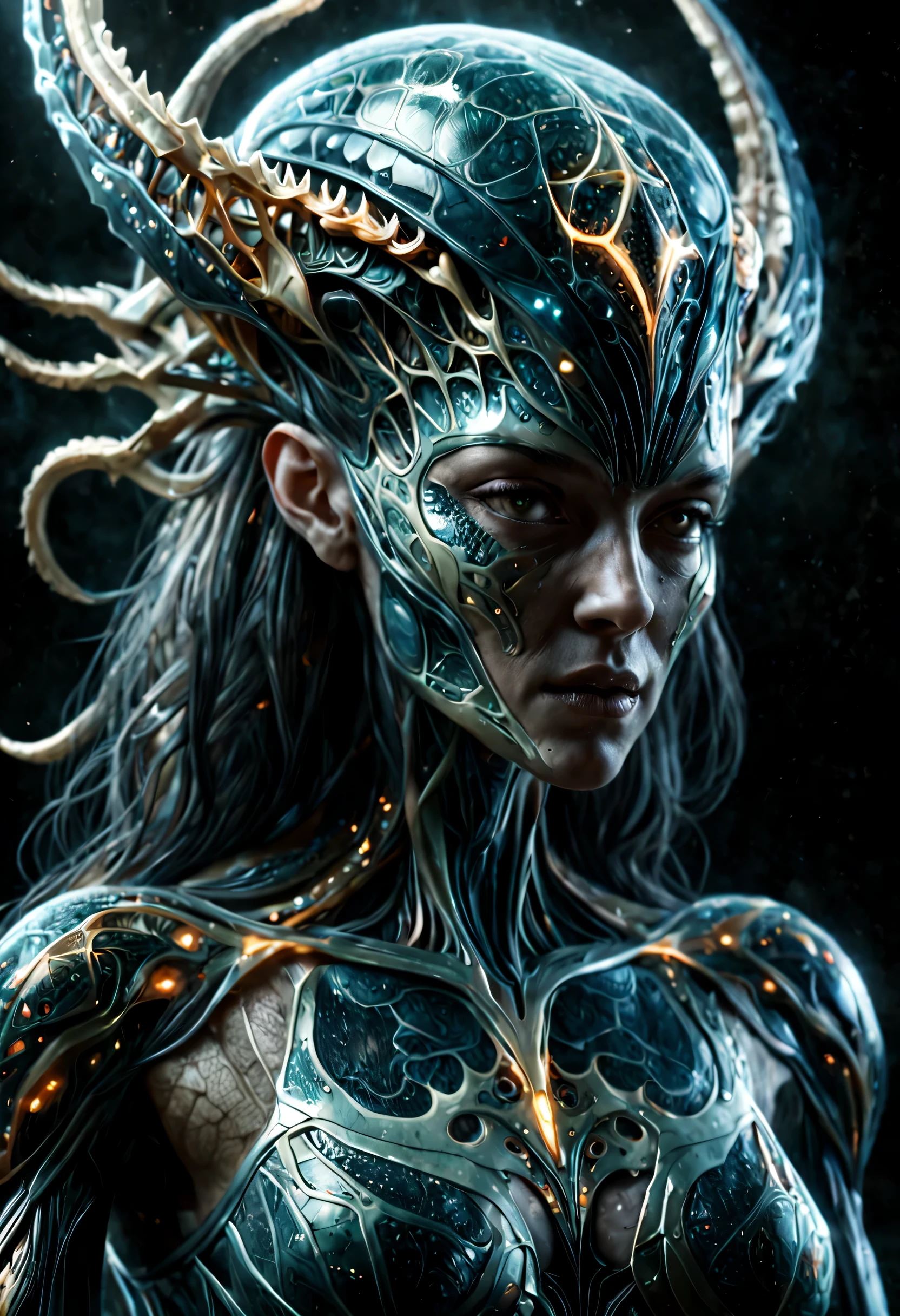 Alien Queen Figure, A mix of techno-anatomical and fractal elements., Character design, Dynamic lighting that emphasizes multifaceted surfaces, Film post-processing for beautiful visual storytelling, A stunning surreal masterpiece