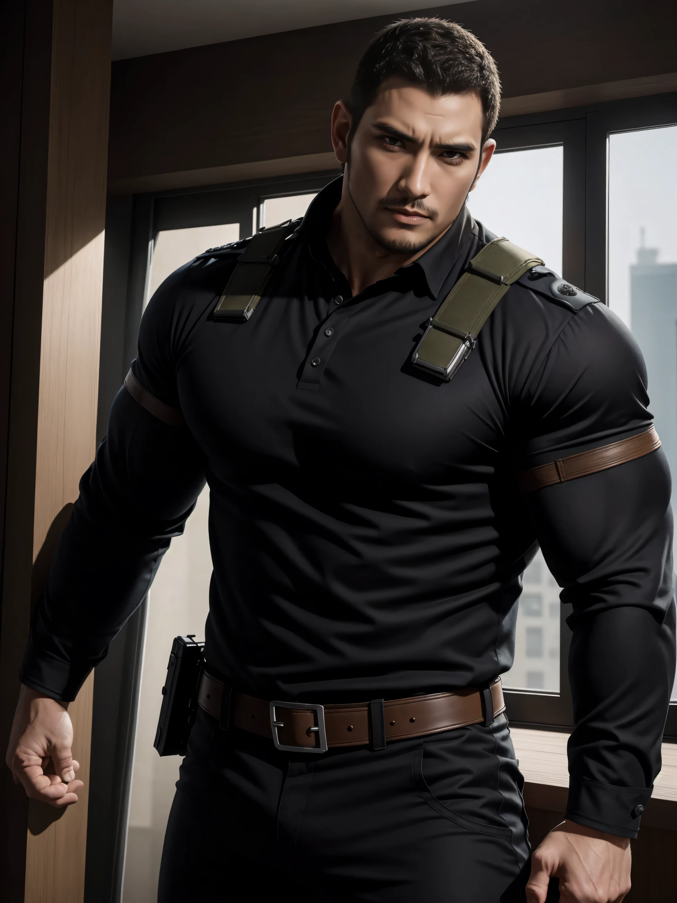 Tall giant muscular肌肉男警官，handsome police uniform，character concept（Resident Evil - chris redfield，chris redfield）proud expression，Deep and charming eyes，heroic male pose，高大burly，muscular！muscular大腿，tough guy，perfect facial features，High, burly, Heqiang， Super gain and cool， high resolution committee，Charming strong man，The bright sunshine shines on you through the window