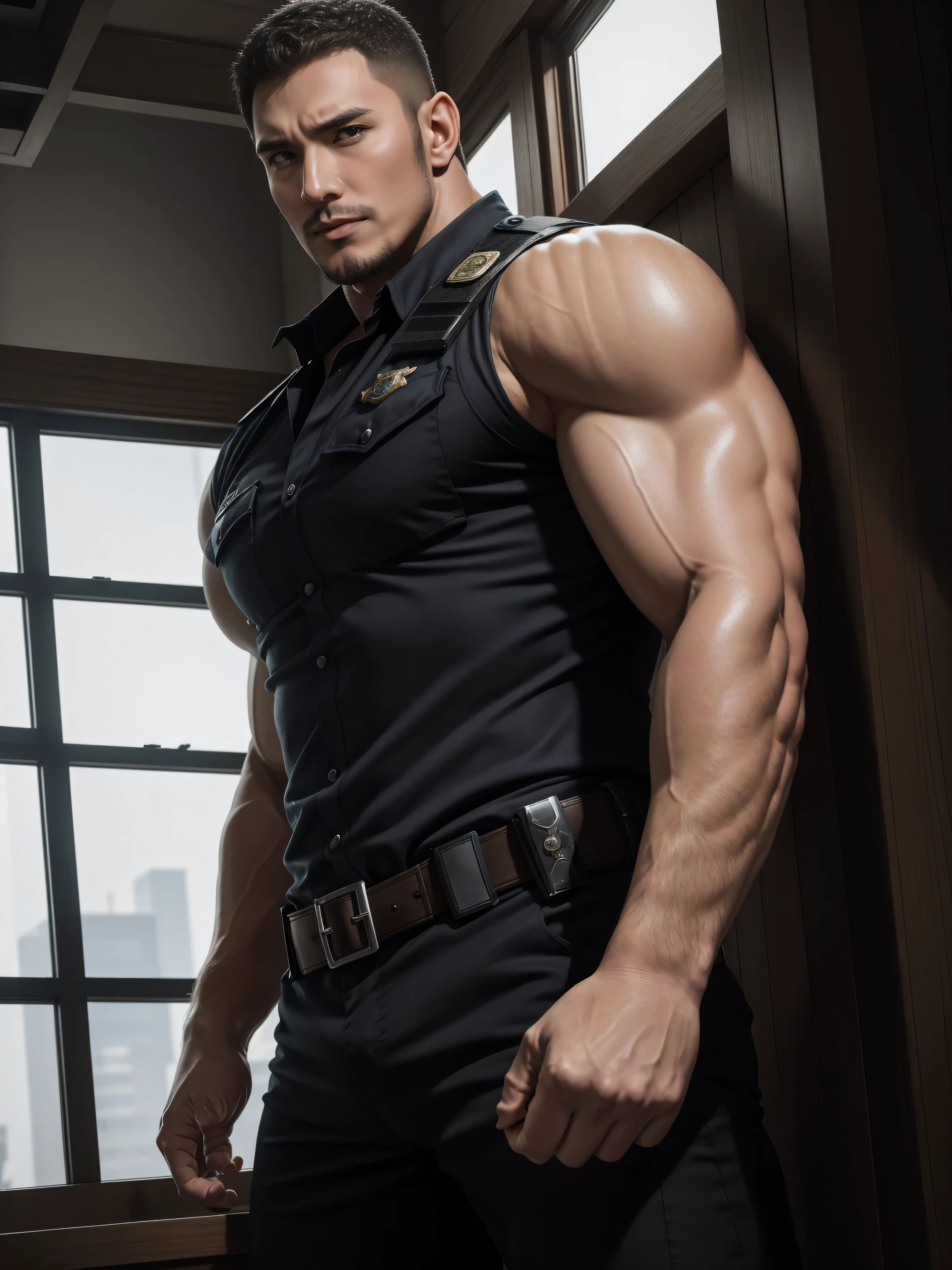 Tall giant muscular肌肉男警官,handsome police uniform,character concept(Resident Evil - chris redfield,chris redfield)proud expression,Deep and charming eyes,heroic male pose,高大burly,muscular!muscular大腿,tough guy,perfect facial features,High, burly, Heqiang, Super gain and cool, high resolution committee,Charming strong man,The bright sunshine shines on you through the window