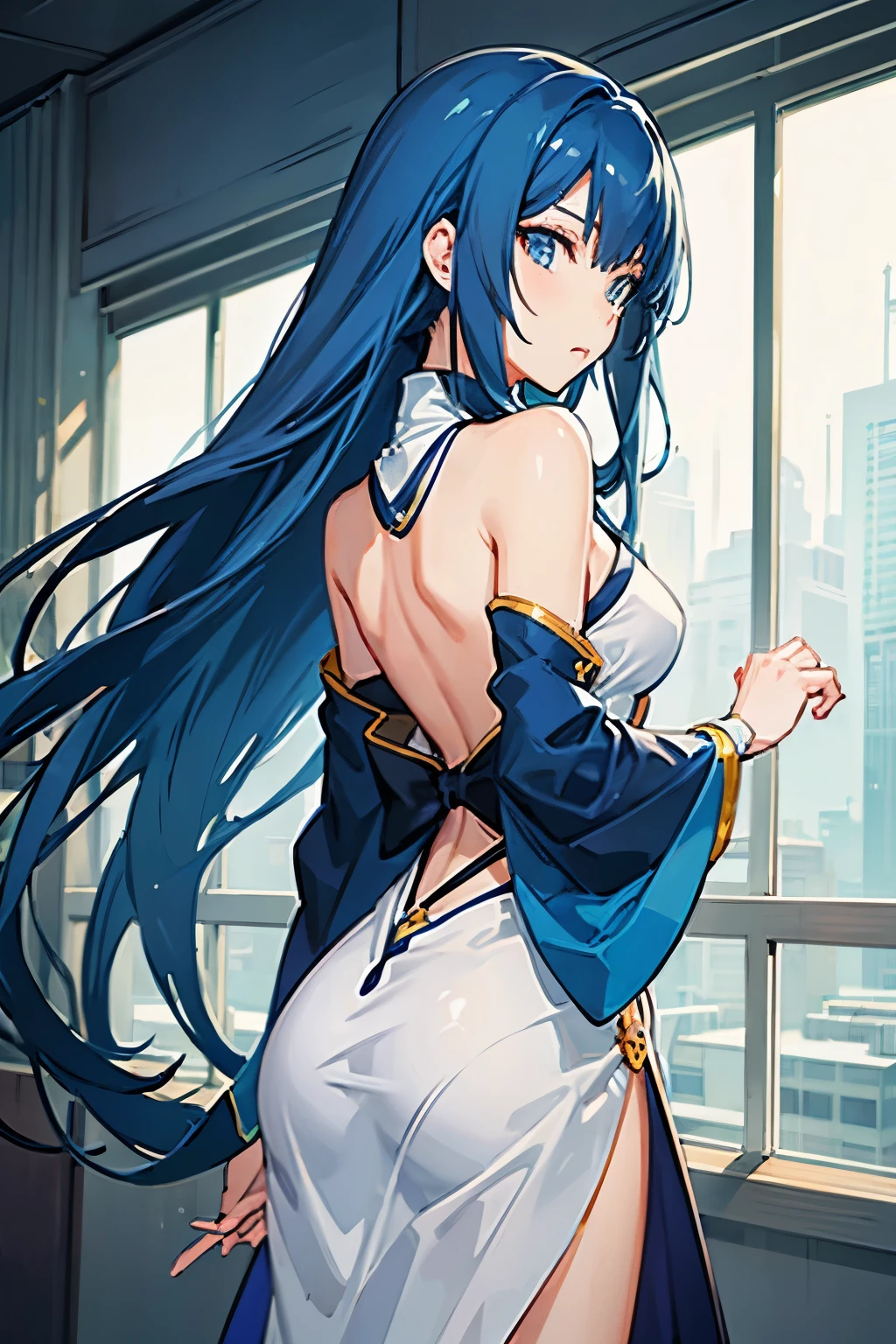 girl，long blue hair，Seiki Soejima，Soejima Naraki,Back to camera，Face looking to the right rear，bare shoulders，long blue hair飘向画面右侧