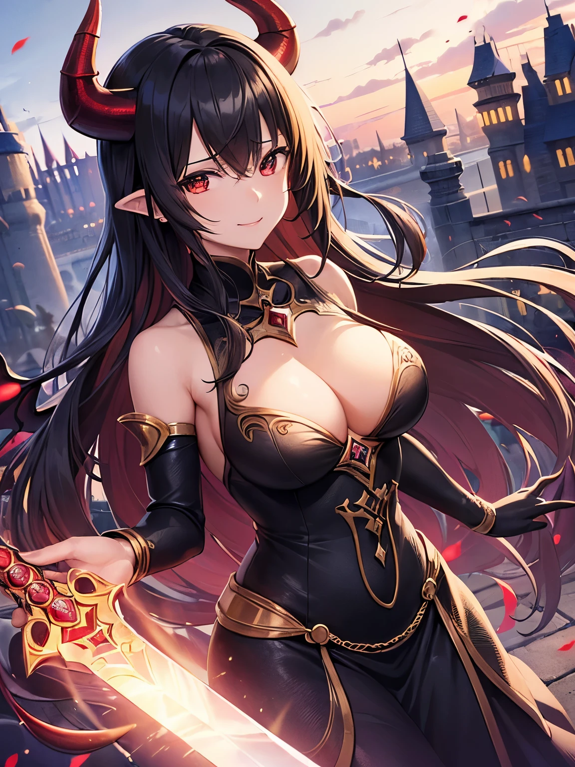 ((masutepiece, Best Quality)), ((hight resolution)), (photos realistic), Best Shadow, high detailing, Very detailed, (nice hand, Perfect hands), (Face Focus:1.2), ((1girl)), Beautiful Girl, 25 years old, (black long Hair:1.5), (normal breasts:1.3), (view from front), (Very slender:1.3), (Cute face:1.3), (look at viewer:1.4), detailed facial features,droopy eyes, Crisp focus, perfect beautiful body and face, Perfectly focused, Long bangs, (in the castle:1.4), (enchanting smile:1.5), ((fantasy)), ((glay skin:1.4)), ((red snake eyes)), ((demon horn:1.4)), ((dragon tail:1.3)), ((dragon armor)), standing, cross legs, ((evil sword:1.3)), flame, explosion