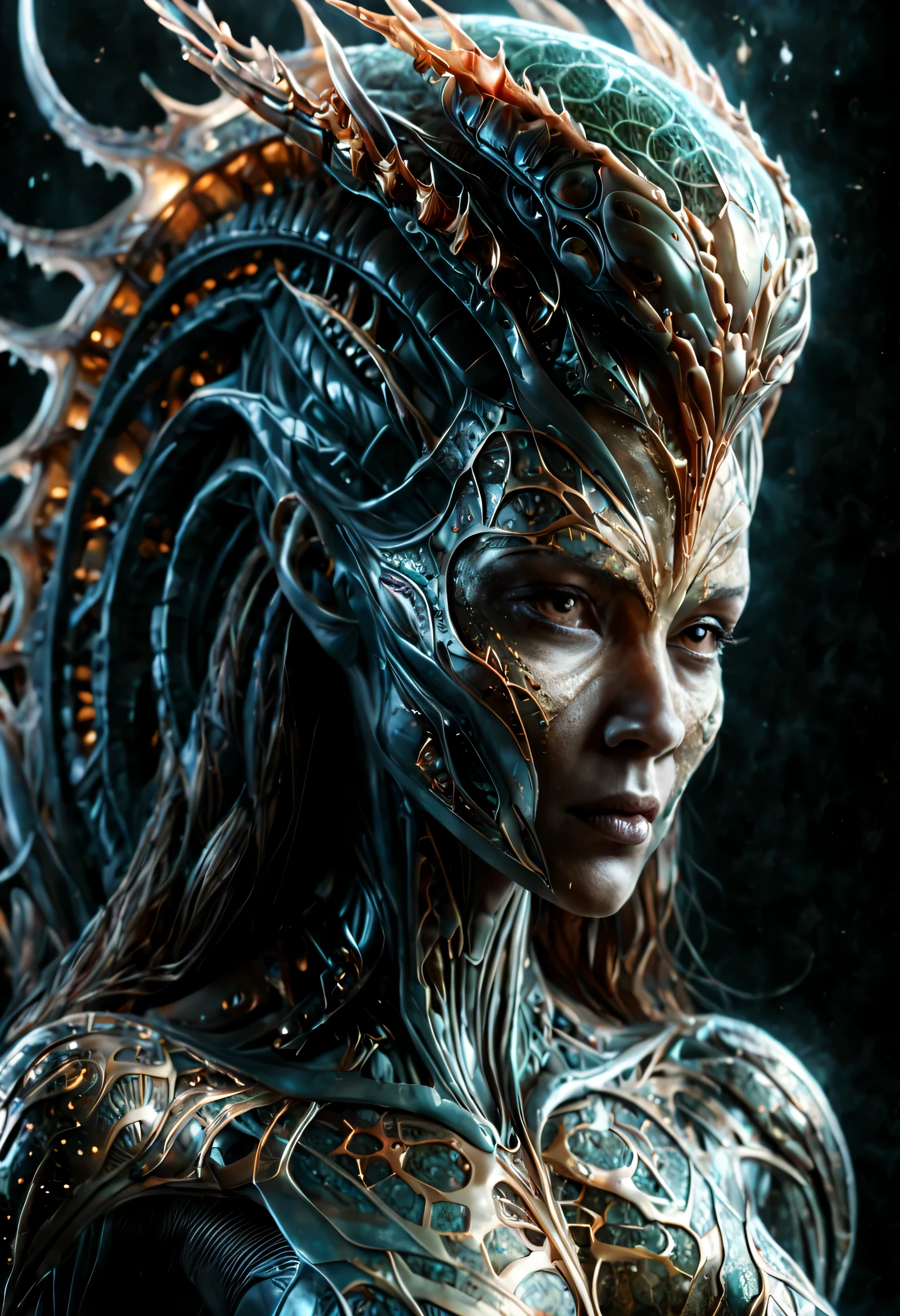 Alien Queen Figure, A mix of techno-anatomical and fractal elements., Character design, Dynamic lighting that emphasizes multifaceted surfaces, Film post-processing for beautiful visual storytelling, A stunning surreal masterpiece