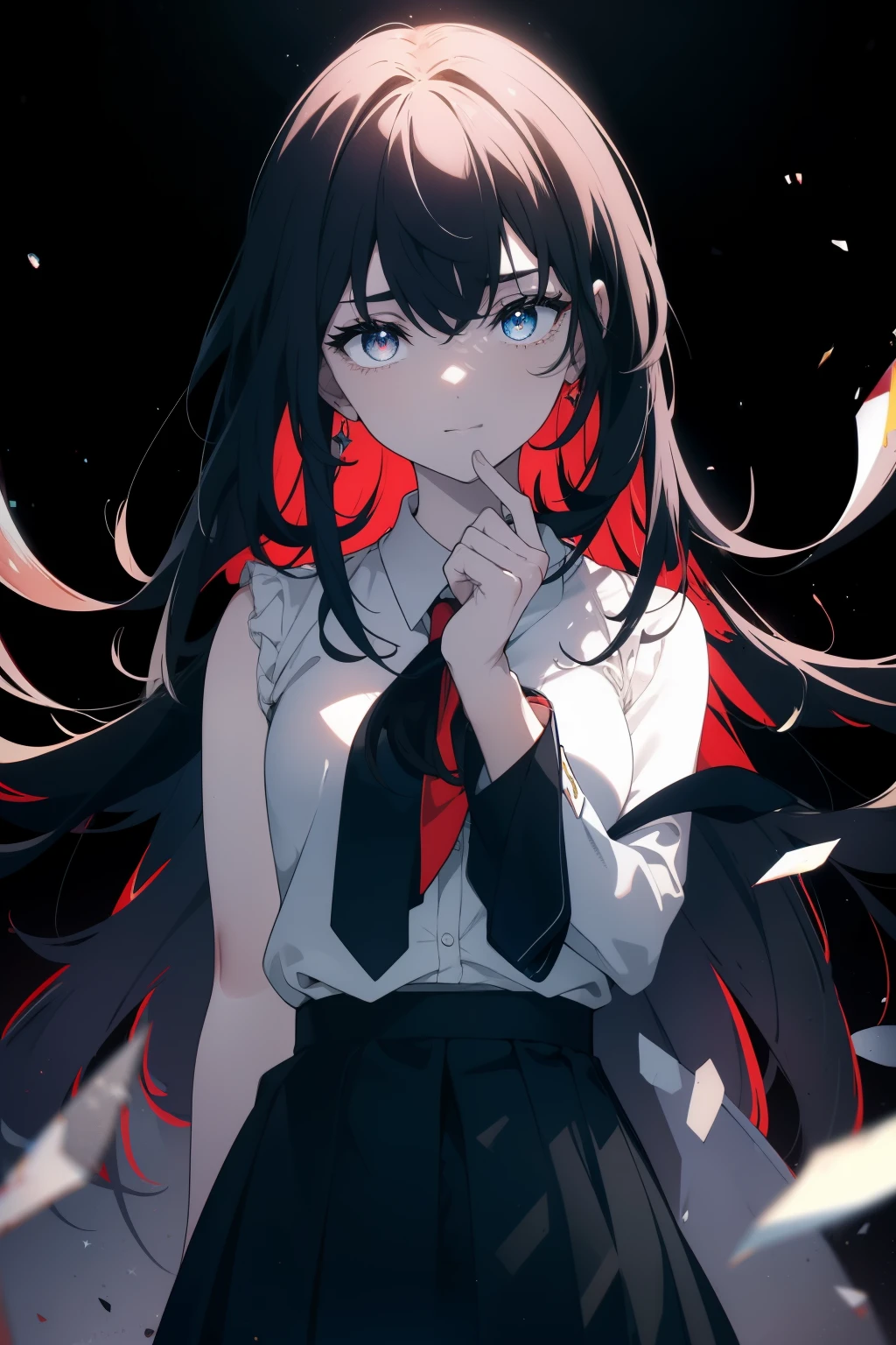 (masterpiece, best quality, ultra high resolution), 1 girl, Are standing, school uniform, white office shirt, black pleated skirt, ((jet black, jet black hair:0.7), cut long hair, white skin, ((blue eye)), shine_eye, neon eye, (ultra detailed eye, beautiful and detailed face, detailed eye:0.9), ((in the center)), smile, ((wide shot)), Face-to-face audience, eyeの高さ, (black background, 残りfire, fire), flat chest, looking at the viewer, ((half closed eye)), ((perfect hands)), (((head, arm, hip, elbow, in view))), ((put your hands behind your back)), empty eye, beautiful lighting, background, defined subject, 25 years old, perfect anatomy, perfect body