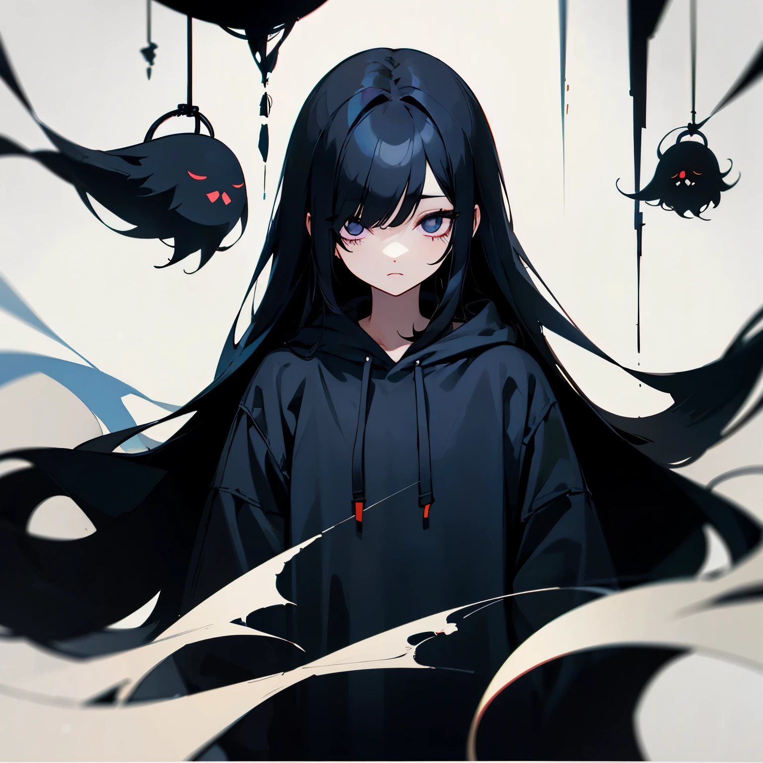 black hair、long hair、dark、hanging eyes、nonchalant、Beautiful type、cute、hoodie、dark、cool、illustration style