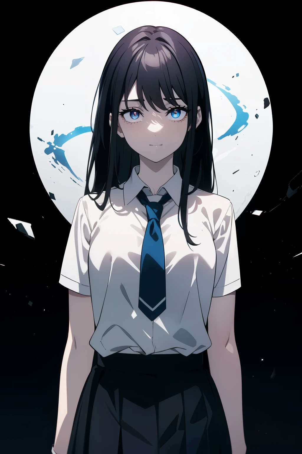 (masterpiece, best quality, ultra high resolution), 1 girl, Are standing, school uniform, white office shirt, black pleated skirt, ((jet black, jet black hair:0.7), cut long hair, white skin, ((blue eye)), shine_eye, neon eye, (ultra detailed eye, beautiful and detailed face, detailed eye:0.9), ((in the center)), smile, ((wide shot)), Face-to-face audience, eyeの高さ, (black background, 残りfire, fire), flat chest, looking at the viewer, ((half closed eye)), ((perfect hands)), (((head, arm, hip, elbow, in view))), ((put your hands behind your back)), empty eye, beautiful lighting, background, defined subject, 25 years old, perfect anatomy, perfect body