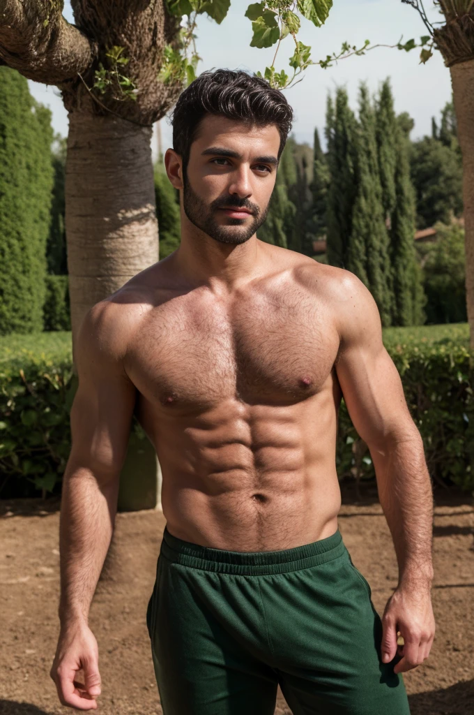 masterpiece, ultrarealistic, of an Italian man, detailed Tuscan vineyard background, (short wavy black hair), (dark green eyes) (intricate handsome face) nice and well-defined physique, stunning realistic photography, realistic, soft color grading, cinematic lighting, volumetric atmosphere, intricately detailed, sharp focus, stunning full color, shot on DSLR camera, megapixels, 32k resolution, best quality, (flawless skin texture)