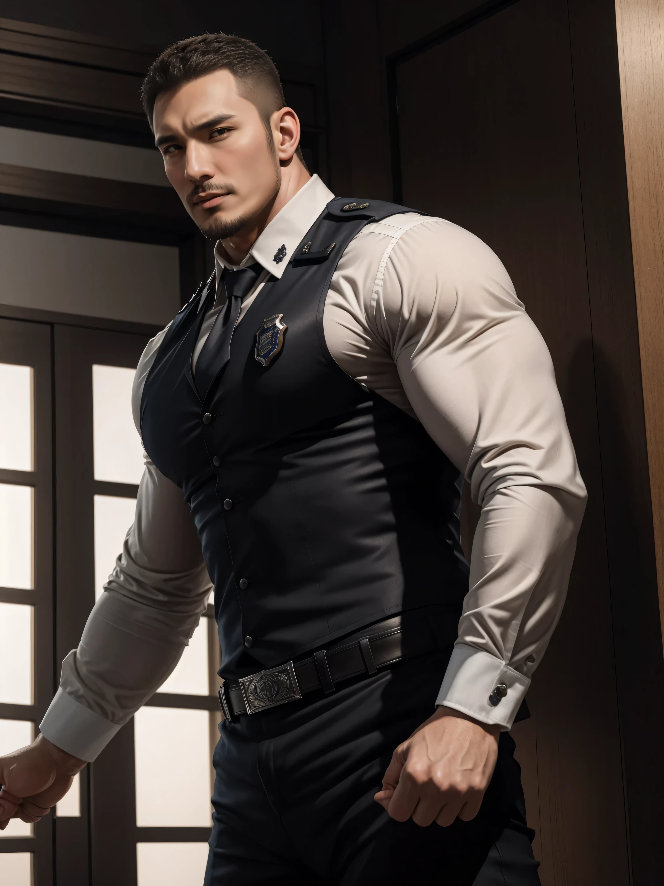 Tall giant muscular肌肉男警官,Handsome long sleeve police uniform,police certificate,character concept(Resident Evil - chris redfield,chris redfield)proud expression,Deep and charming eyes,heroic male pose,高大burly,muscular!muscular大腿,tough guy,perfect facial features,High, burly, Heqiang, Super gain and cool, high resolution committee,Charming strong man,The bright sunshine shines on you through the window