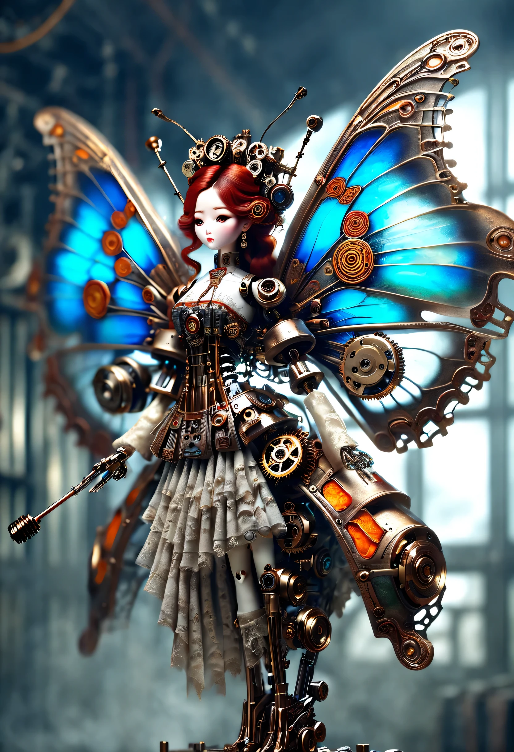 Mechanical doll design，（Mechanically constructed Chinese Hanfu doll plays the large pipa），robot character, Beautiful and meticulous，Mechanical clockwork，gear，Mechanical device base，Insert the top screw key into the back of the doll，Extra long wavy red head，tangerine裙子，rotate，dance，motion blur，8k smoke，Ultra-fine，lifelike，high resolution，Motion ray tracing，discover realism，Dramatic lighting of transparent oversized butterfly wings，Aged and weathered appearance，Steampunk elements，Eerie and surreal atmosphere，Intricate lace pattern，Like composition，exquisite craft，Gothic aesthetics，strange beauty+，[high dynamic range]，[Fear]，[concept artist]，[keen focus]，[main]，[bright colors]，[Bokeh]，long range shot，See deeply，blue，tangerine，