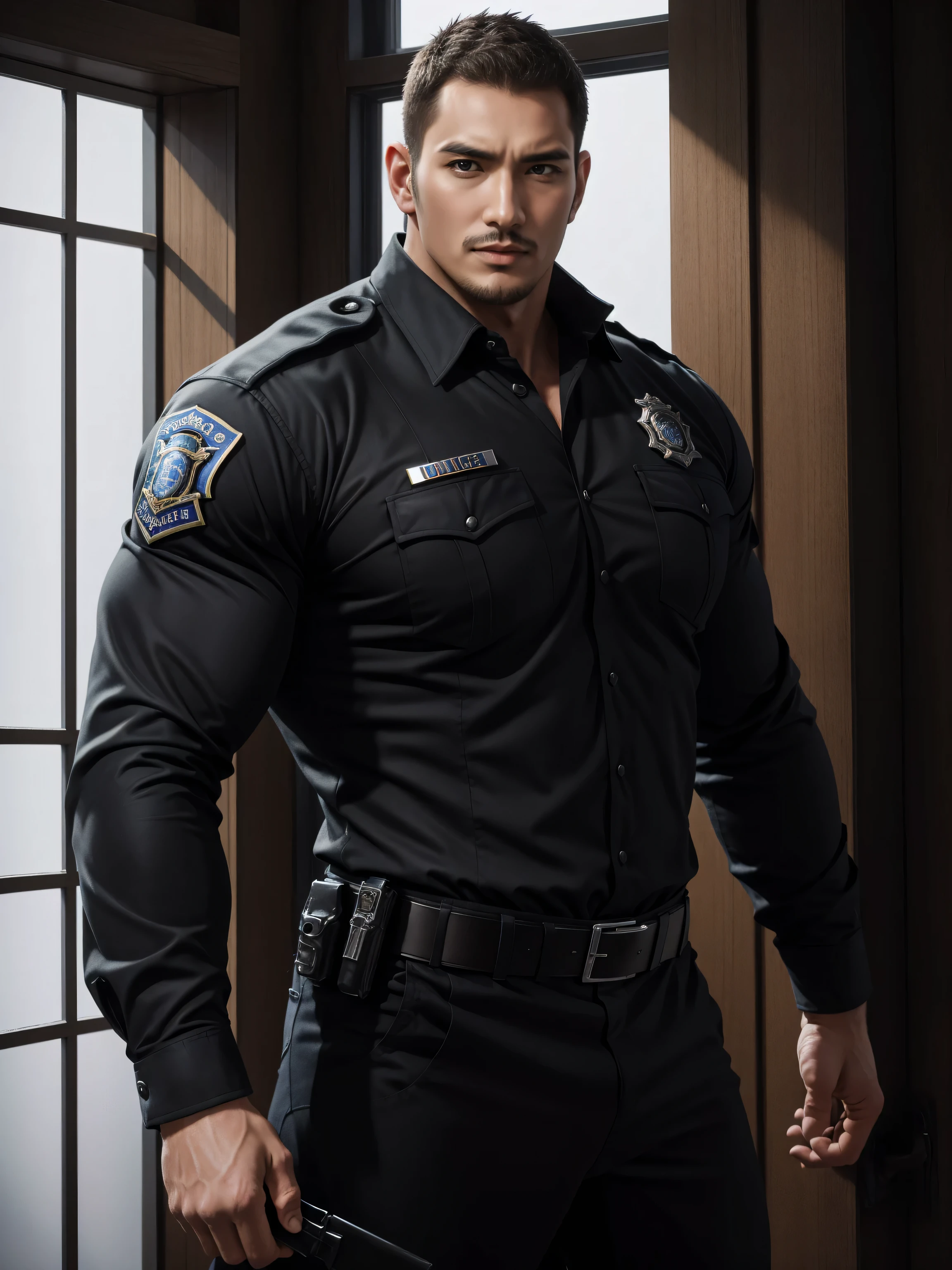 Tall giant muscular肌肉男警官，Handsome long sleeve police uniform，police certificate，character concept（Resident Evil - chris redfield，chris redfield）proud expression，Deep and charming eyes，heroic male pose，高大burly，muscular！muscular大腿，tough guy，perfect facial features，High, burly, Heqiang， Super gain and cool， high resolution committee，Charming strong man，The bright sunshine shines on you through the window