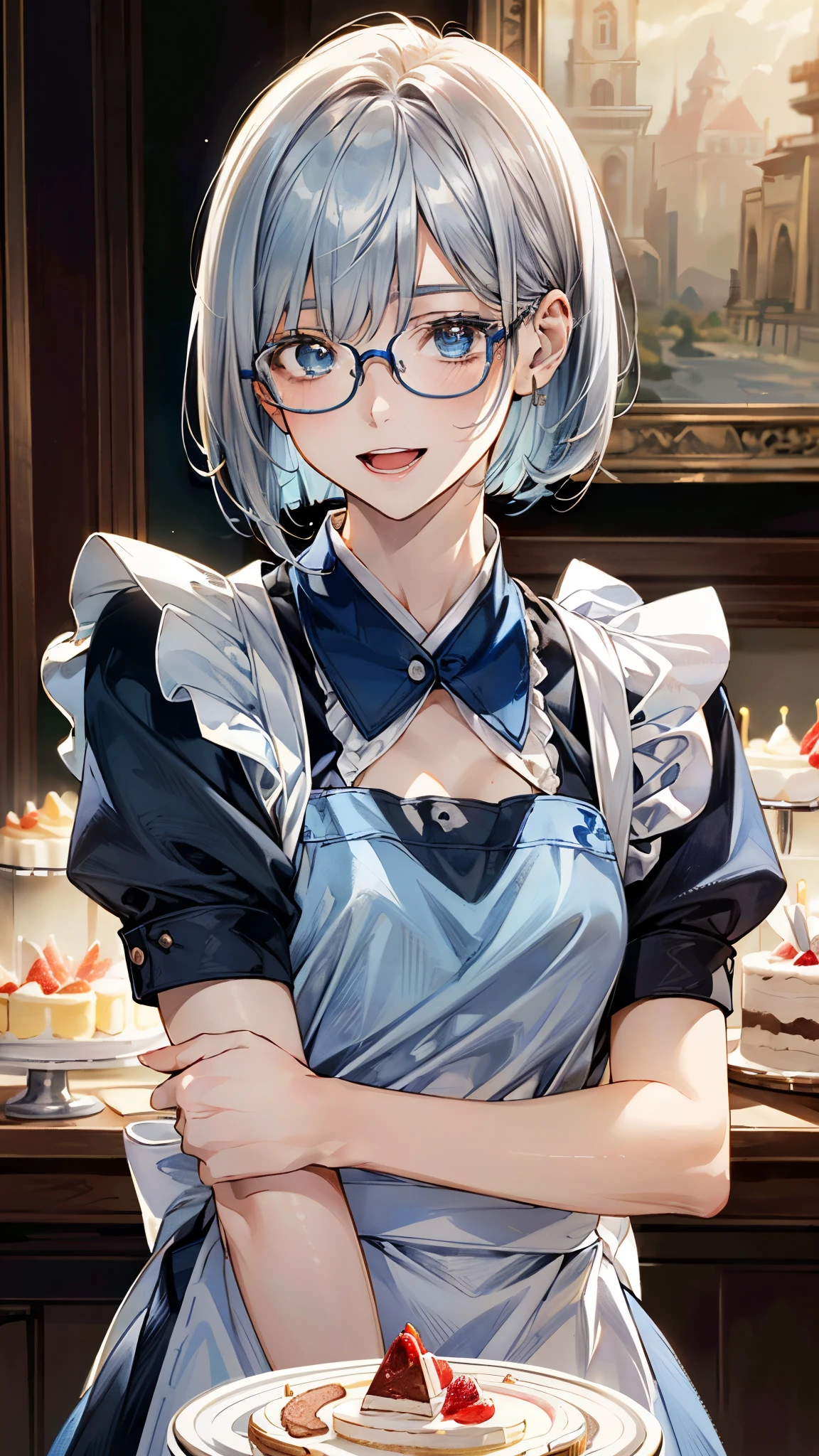 (masterpiece:1.2, top-quality, ultra high res, ultra detailed), (realistic, photorealistic:1.4), beautiful illustration, (natural side lighting, movie lighting),
looking at viewer, (face focus, upper body), 1 girl, japanese, (cake craftsman), 15 years old, perfect face, (perfect anatomy), cute and symmetrical face, baby face, shiny skin, slender
(short hair:0.8, bob cut:1.5, silver hair), blunt bangs, hair between eyes, blue eyes, big eyes, drooping eyes, long eye lasher, (medium breasts),
beautiful hair, beautiful face, beautiful detailed eyes, beautiful clavicle, beautiful body, beautiful chest, beautiful thigh, beautiful legs,
((detailed cloth texture, light blue apron maid, light blue stripe shirt, white collar, white maid apron), light blue-rimmed glasses), ,
(beautiful scenery), evening, IvoryGoldAI, (cake shop), standing, (lovely smile, upper eyes, open mouth small),
