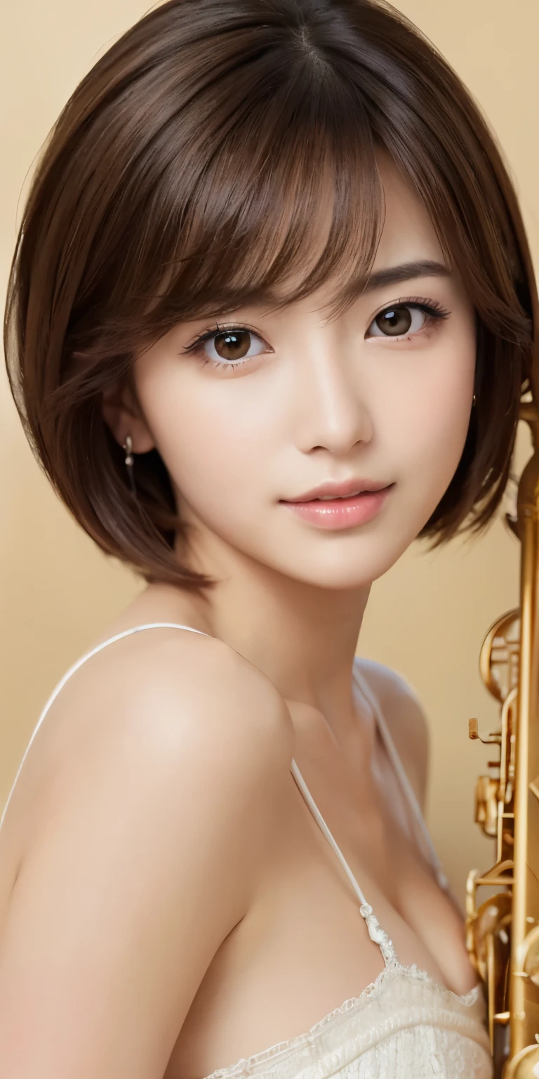 masterpiece、highest quality、High resolution、table top、wallpaper、realistic、bright lighting、professional lighting、face light、smooth lighting、japanese woman、adult、Beautiful woman、action、gravure、sexy、poor、super beautiful、beautiful skin、beautiful and detailed eyes、detailed face、slim、Moderately、short hair、brunette colored hair、brown eyes、look at the camera、i have a saxophone