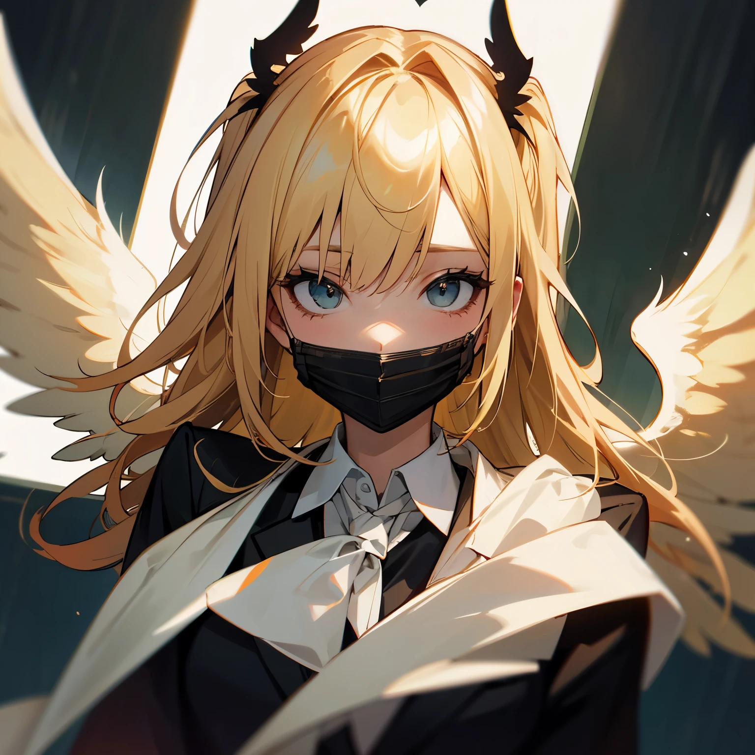 Blonde side up hair blazer black mask angel wings