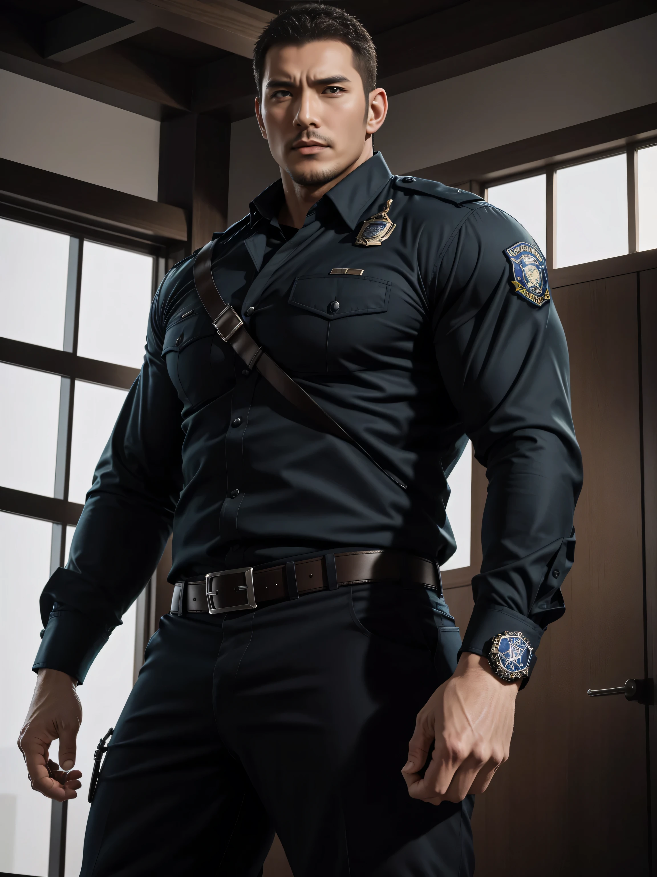 Tall giant muscular肌肉男警官,Handsome long sleeve police uniform,police certificate,character concept(Resident Evil - chris redfield,chris redfield)proud expression,Deep and charming eyes,heroic male pose,高大burly,muscular!muscular大腿,tough guy,perfect facial features,High, burly, Heqiang, Super gain and cool, high resolution committee,Charming strong man,The bright sunshine shines on you through the window