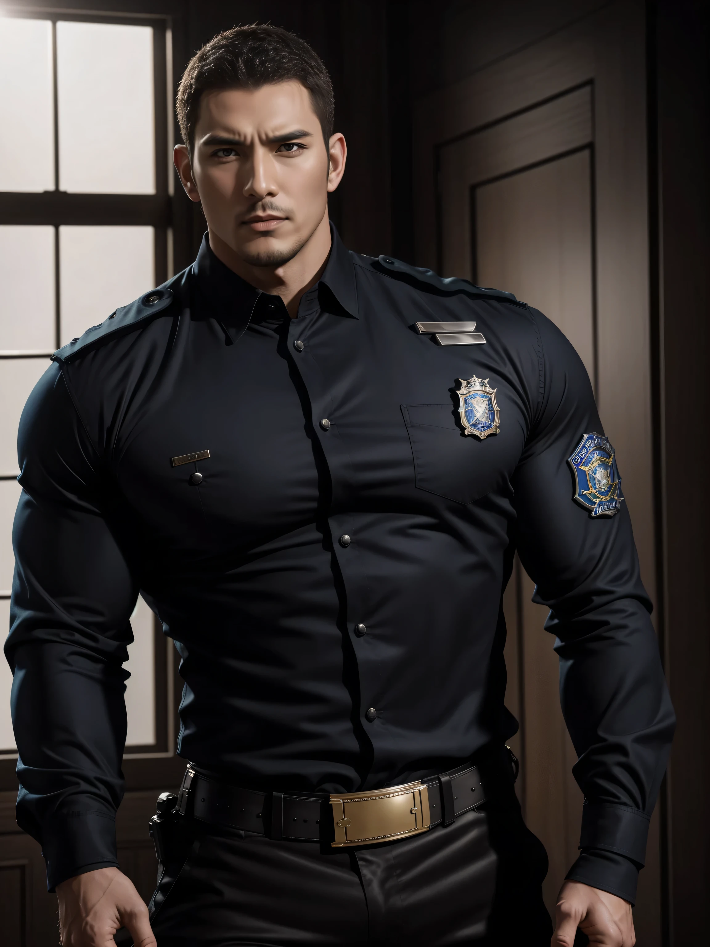 Tall giant muscular肌肉男警官,Handsome long sleeve police uniform,police certificate,Rolex watches,character concept(Resident Evil - chris redfield,chris redfield)proud expression,Deep and charming eyes,heroic male pose,高大burly,muscular!muscular大腿,tough guy,perfect facial features,High, burly, Heqiang, Super gain and cool, high resolution committee,Charming strong man,The bright sunshine shines on you through the window