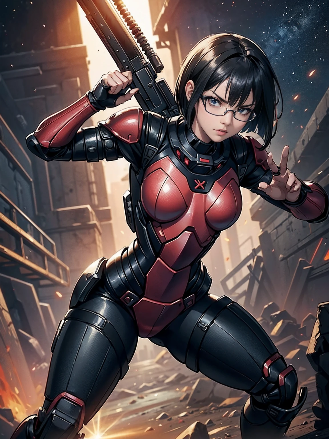 ((1girl, slolo, alone, WakatsukiRisa, smug, black hair, short hair, glasses, brown eyes, wide hips, malicious, (small breasts), smug)),  ((pink lipstick, Extremely detailed, ambient soft lighting, 4k, perfect eyes, a perfect face, perfect lighting, a 1girl)) , ((((Space Detective, woman, (female exoskeleton), (red and black combat suit, fighting pose), wasteland, action scene, action pose, masterpiece, rich colors, Backlight, beautiful expression, fantasy art, character art, metallic red and silver combat suit)), wet body, ((fitness)), standing, Beautiful))