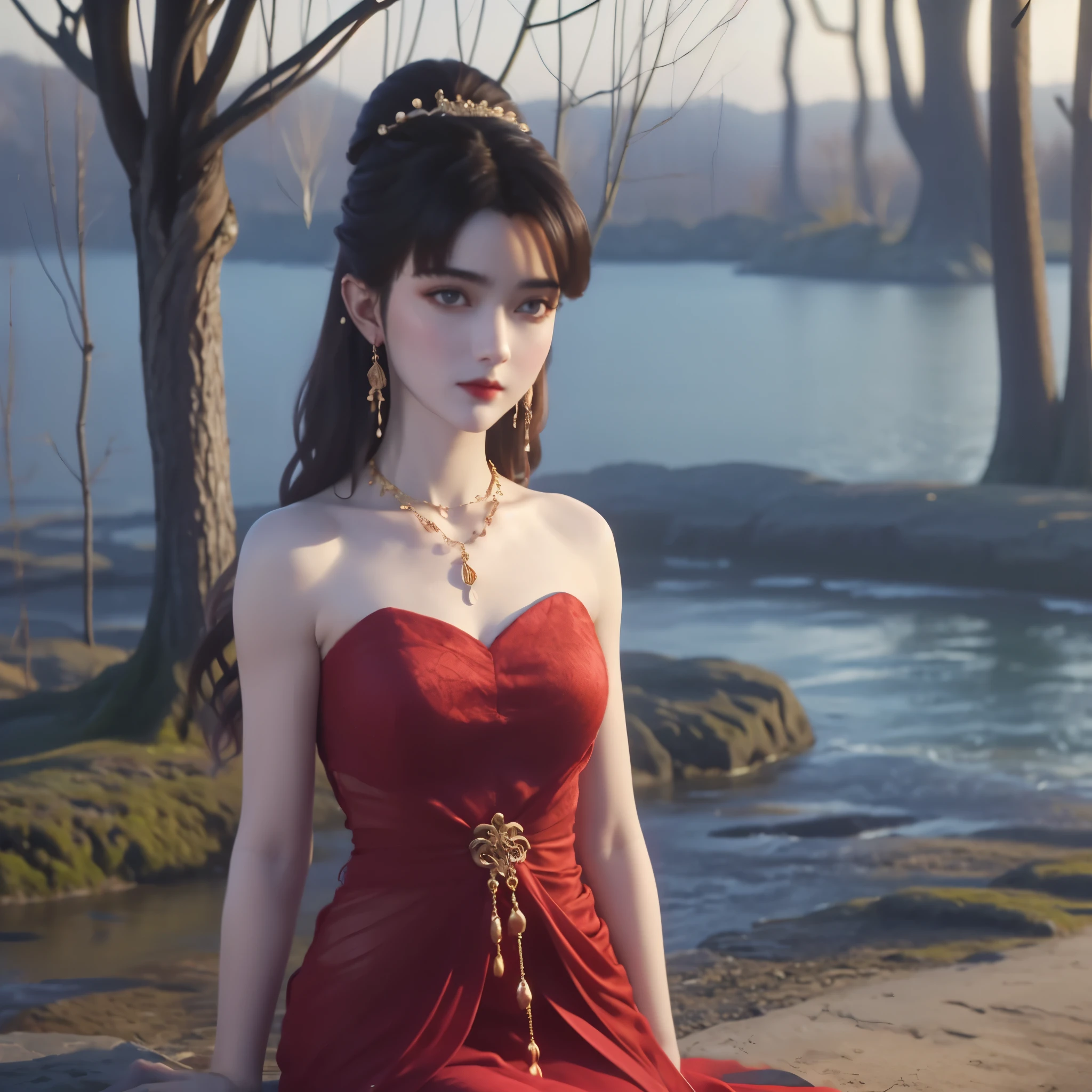 Beautiful young girl looking at viewer wearing red top dress, in garden, realistic graphics, wearing a beautiful necklace, wavering at viewer, nice figure, beautiful organic photography ,graphic focus on girl at the center of graphics photoshot ,red colors dress ,wavering at viewer, full-body photoshot rendering graphics,complete body collection, sakura blossoms,standing under a tree ,beautiful legs and waist , full-body photoshot view