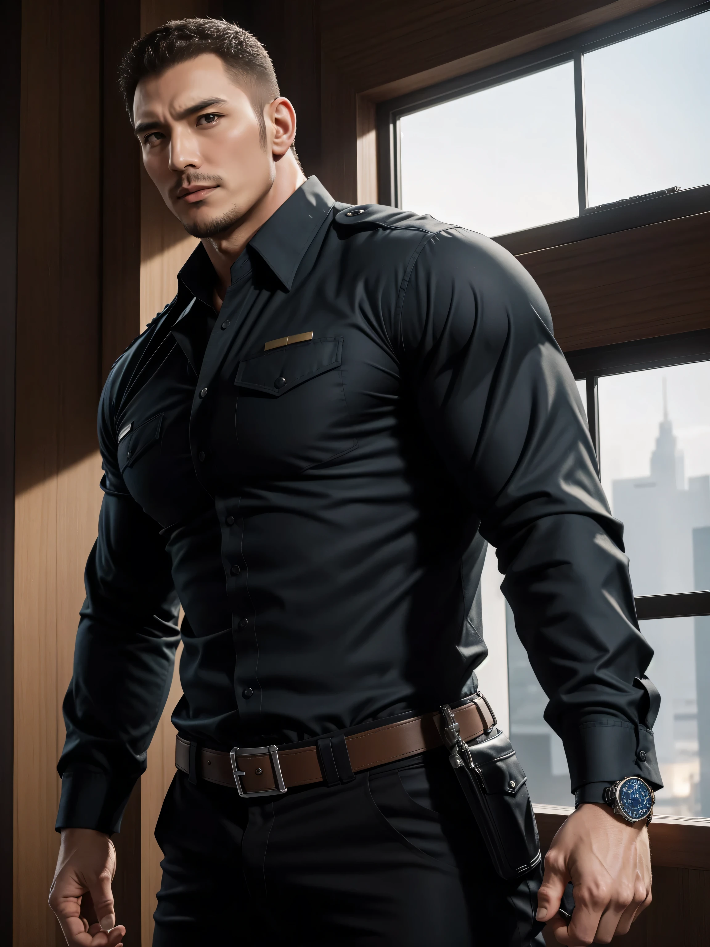 Tall giant muscular肌肉男警官,Handsome long sleeve police uniform,police certificate,Rolex watches,character concept(Resident Evil - chris redfield,chris redfield)proud expression,Deep and charming eyes,heroic male pose,高大burly,muscular!muscular大腿,tough guy,perfect facial features,High, burly, Heqiang, Super gain and cool, high resolution committee,Charming strong man,The bright sunshine shines on you through the window