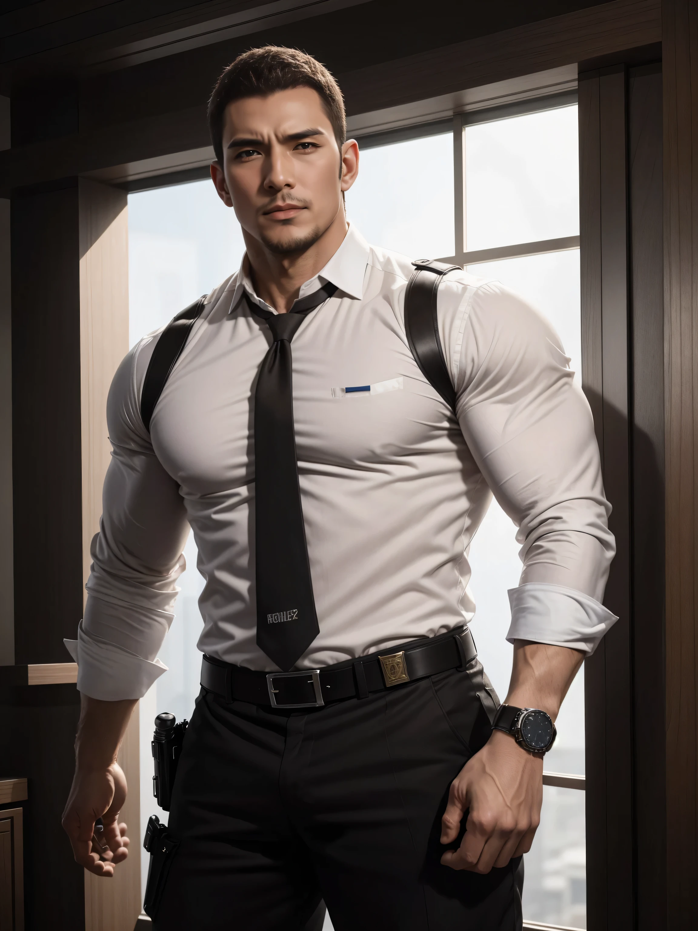 Tall giant muscular肌肉男警官，Handsome brown long-sleeved police uniform，White shirt，Rolex watches，character concept（Resident Evil - chris redfield，chris redfield）proud expression，Deep and charming eyes，heroic male pose，高大burly，muscular！muscular大腿，tough guy，perfect facial features，High, burly, Heqiang， Super gain and cool， high resolution committee，Charming strong man，The bright sunshine shines on you through the window