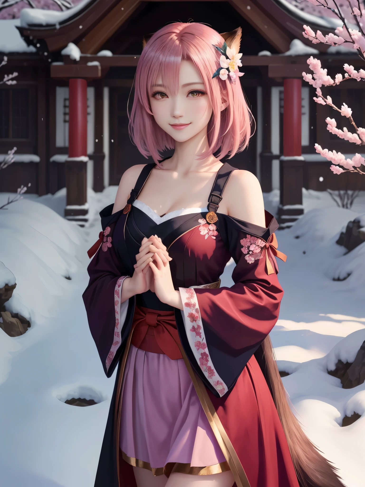 masterpiece , best quality,smile,smile,small face,shoulder exposure,less cleavage exposure,light pink hair,slender body shape,brown eyes,sharp contrast,short hair,Beautiful short hair,Berry Short,short cut hair,just one person,precision quality,Faithfully reproduced eyes, 一面に咲くcherry blossom background,snow scene,masterpiece, 幻想的なcherry blossom background,night,nightの背景,cherry blossom background,beautiful details, colorful, delicate details, delicate lips, intricate details, genuine, ultrargenuineista, 枝に座っている色とりどりの髪のFoxを持つ女の子:Mature, bright eyes, ,色とりどりのFox, raposa de nine tails, 三尾Fox, 三尾Fox, onmyoji detail art, beautiful fine art illustration, mythical creatures, Fox, beautiful digital art,shrine maiden,hold hands,exquisite digital illustration, mizutsune, Inspired by mythical wild web creatures, pixiv in digital art, shining light, high contrast, Mysterious,