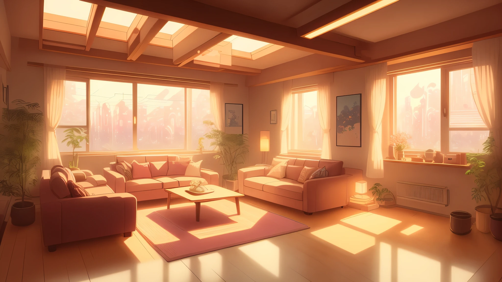 anime illustration of a cozy upscale (zen futurism)+ living room, soft LED lighting