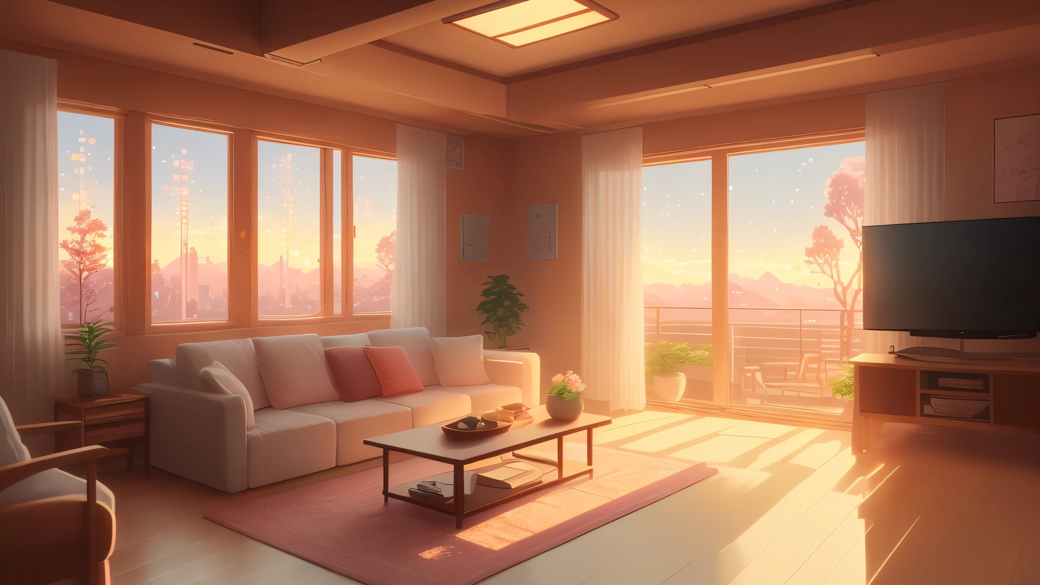 anime illustration of a cozy upscale (zen futurism)+ living room, soft LED lighting