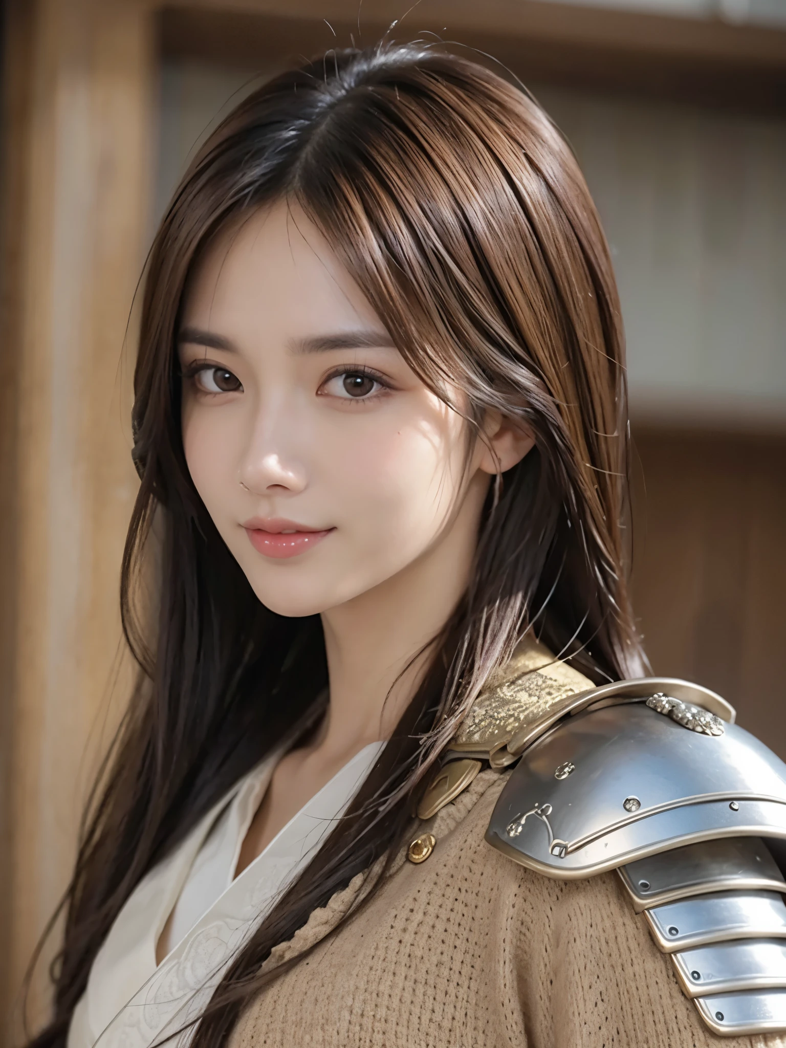 masutepiece, Best Quality, Photorealistic, Ultra-detailed, finely detail, High resolution, 8K Wallpaper, 1 beautiful woman,, light brown messy hair, in a shogun armor,holding a katana,sharp focus, Perfect dynamic composition, Beautiful detailed eyes, detailed hairs, Detailed realistic skin texture, Smiling, Close-up portrait, Model body type,standing on a street