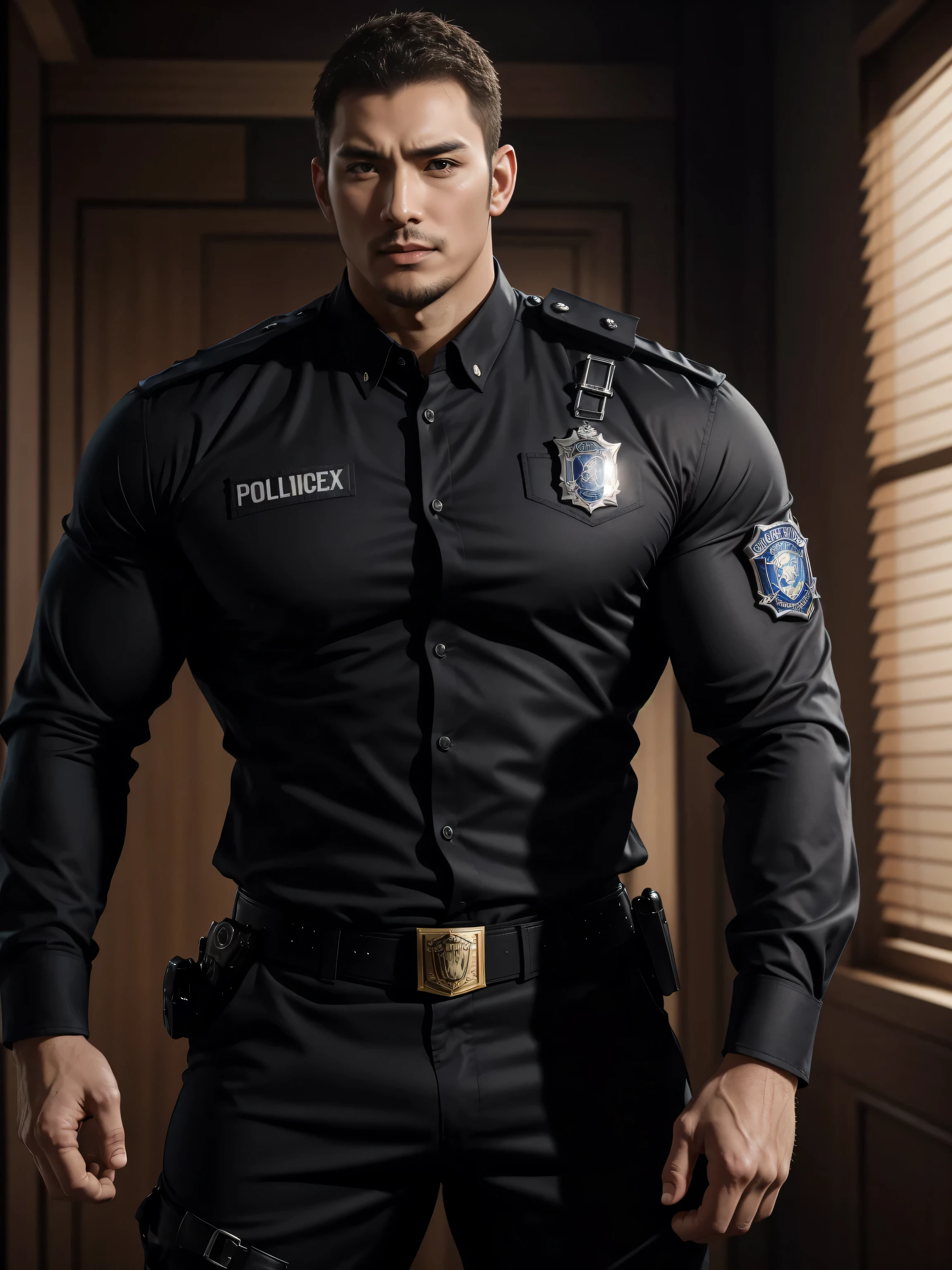 Tall giant muscular肌肉男警官，Handsome long sleeve police uniform，police certificate，Rolex watches，character concept（Resident Evil - chris redfield，chris redfield）proud expression，Deep and charming eyes，heroic male pose，高大burly，muscular！muscular大腿，tough guy，perfect facial features，High, burly, Heqiang， Super gain and cool， high resolution committee，Charming strong man，The bright sunshine shines on you through the window