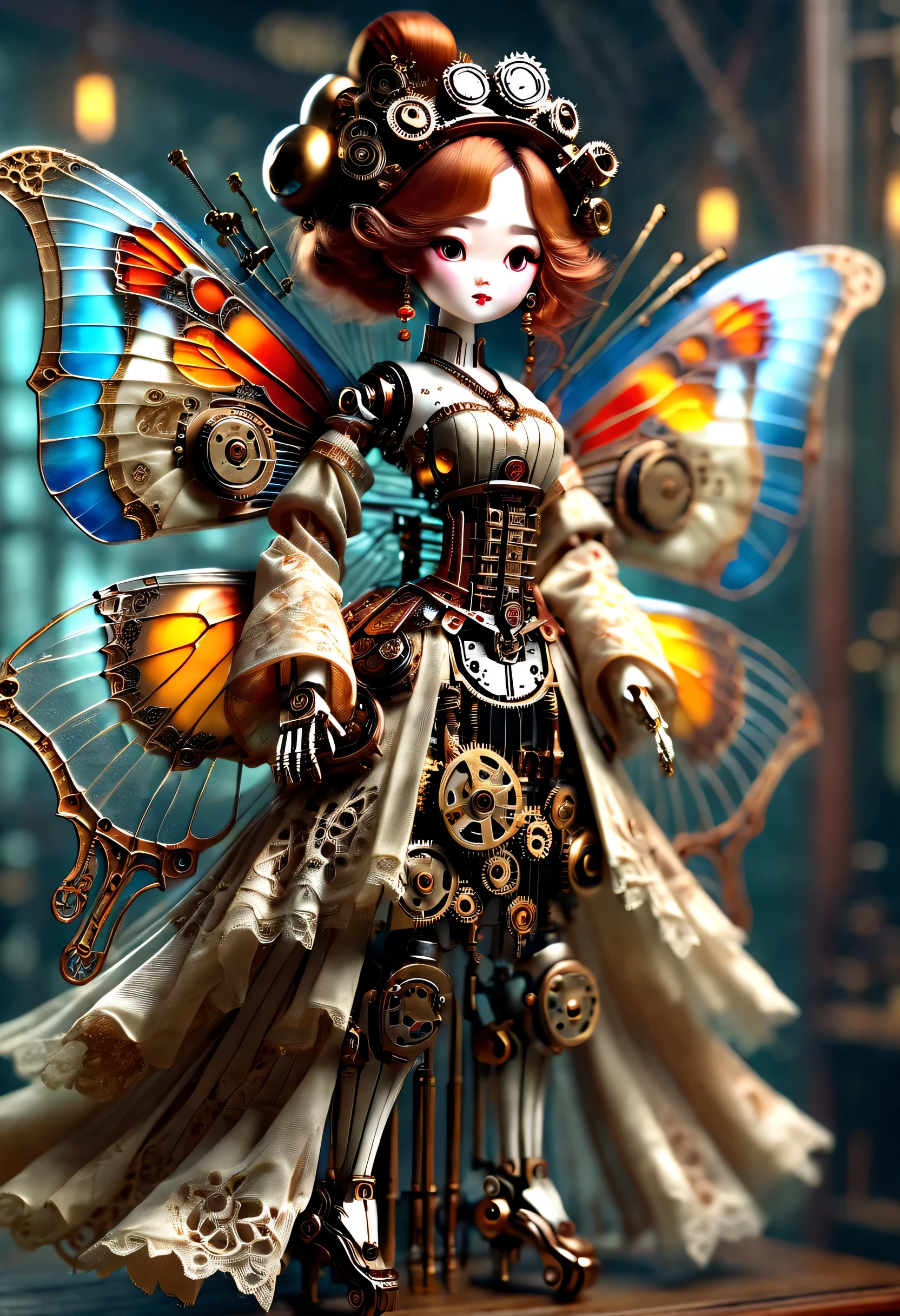 Mechanical doll design，（Mechanically constructed Chinese Hanfu doll plays the guqin and pipa），robot character, Beautiful and meticulous，Mechanical clockwork，gear，Mechanical device base，Insert the top screw key into the back of the doll，Extra long wavy red head，tangerine裙子，8k smoke，Ultra-fine，lifelike，high resolution，Motion ray tracing，discover realism，Dramatic lighting of transparent oversized butterfly wings，Aged and weathered appearance，Steampunk elements，Eerie and surreal atmosphere，Intricate lace pattern，Like composition，exquisite craft，Gothic aesthetics，strange beauty+，[high dynamic range]，[Fear]，[concept artist]，[keen focus]，[main]，[bright colors]，[Bokeh]，long range shot，See deeply，blue，tangerine，