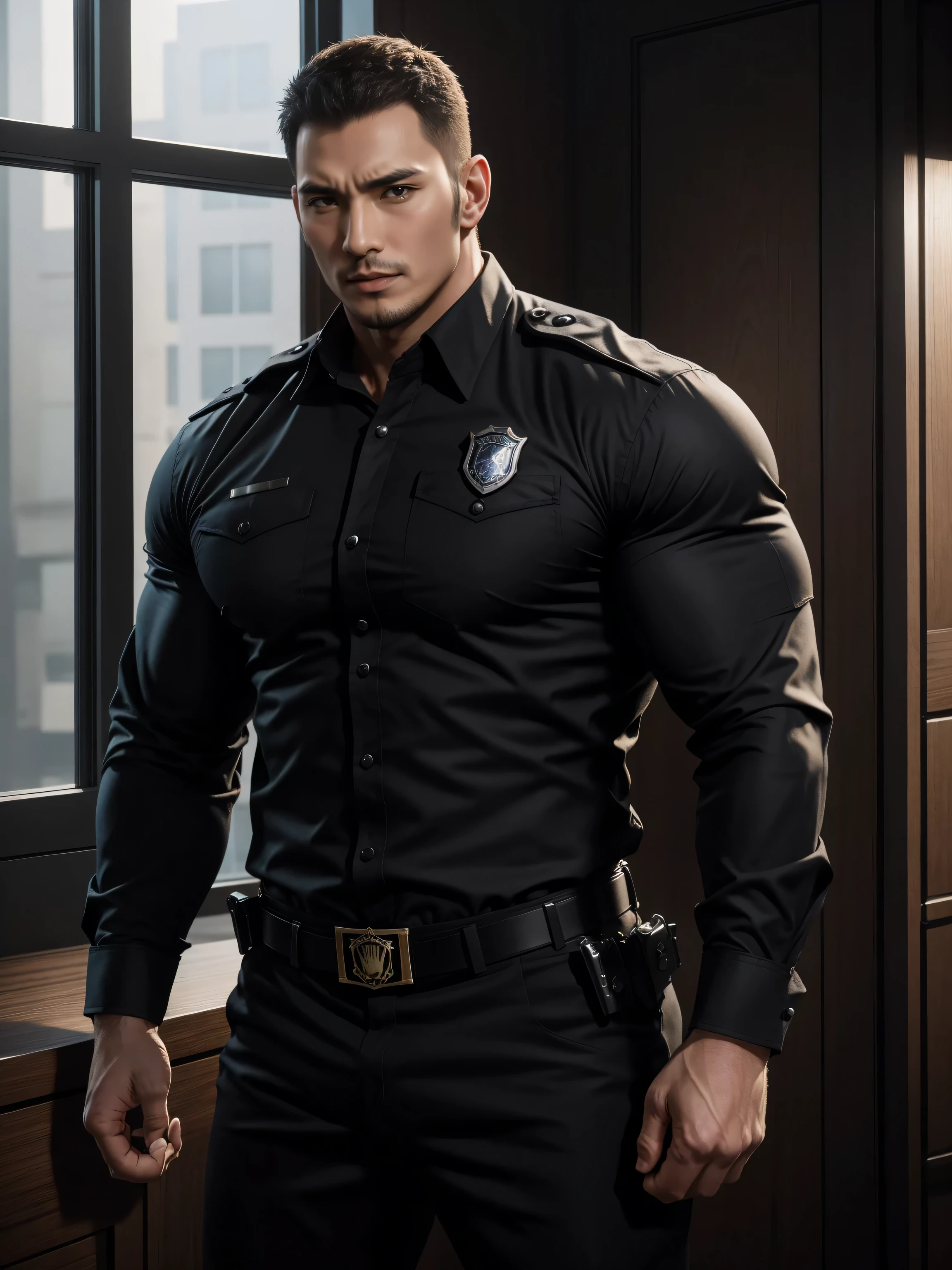 Tall giant muscular肌肉男警官,Handsome long sleeve police uniform,police certificate,Rolex watches,character concept(Resident Evil - chris redfield,chris redfield)proud expression,Deep and charming eyes,heroic male pose,高大burly,muscular!muscular大腿,tough guy,perfect facial features,High, burly, Heqiang, Super gain and cool, high resolution committee,Charming strong man,The bright sunshine shines on you through the window