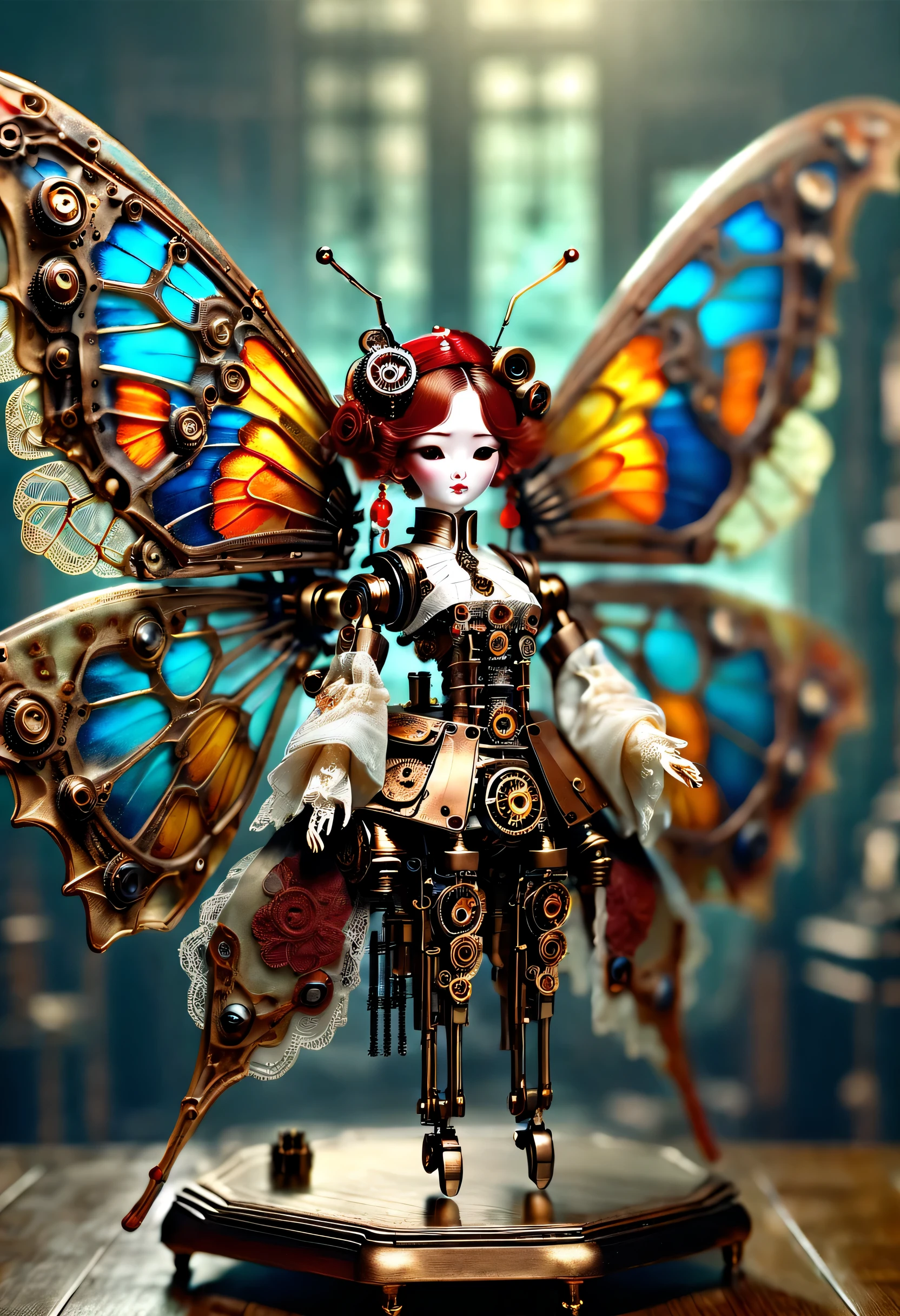 Mechanical doll design，（Mechanically constructed Chinese Hanfu doll plays the guqin and pipa），robot character, Beautiful and meticulous，Mechanical clockwork，gear，Mechanical device base，Insert the top screw key into the back of the doll，Extra long wavy red head，tangerine裙子，8k smoke，Ultra-fine，lifelike，high resolution，Motion ray tracing，discover realism，Dramatic lighting of transparent oversized butterfly wings，Aged and weathered appearance，Steampunk elements，Eerie and surreal atmosphere，Intricate lace pattern，Like composition，exquisite craft，Gothic aesthetics，strange beauty+，[high dynamic range]，[Fear]，[concept artist]，[keen focus]，[main]，[bright colors]，[Bokeh]，long range shot，See deeply，blue，tangerine，