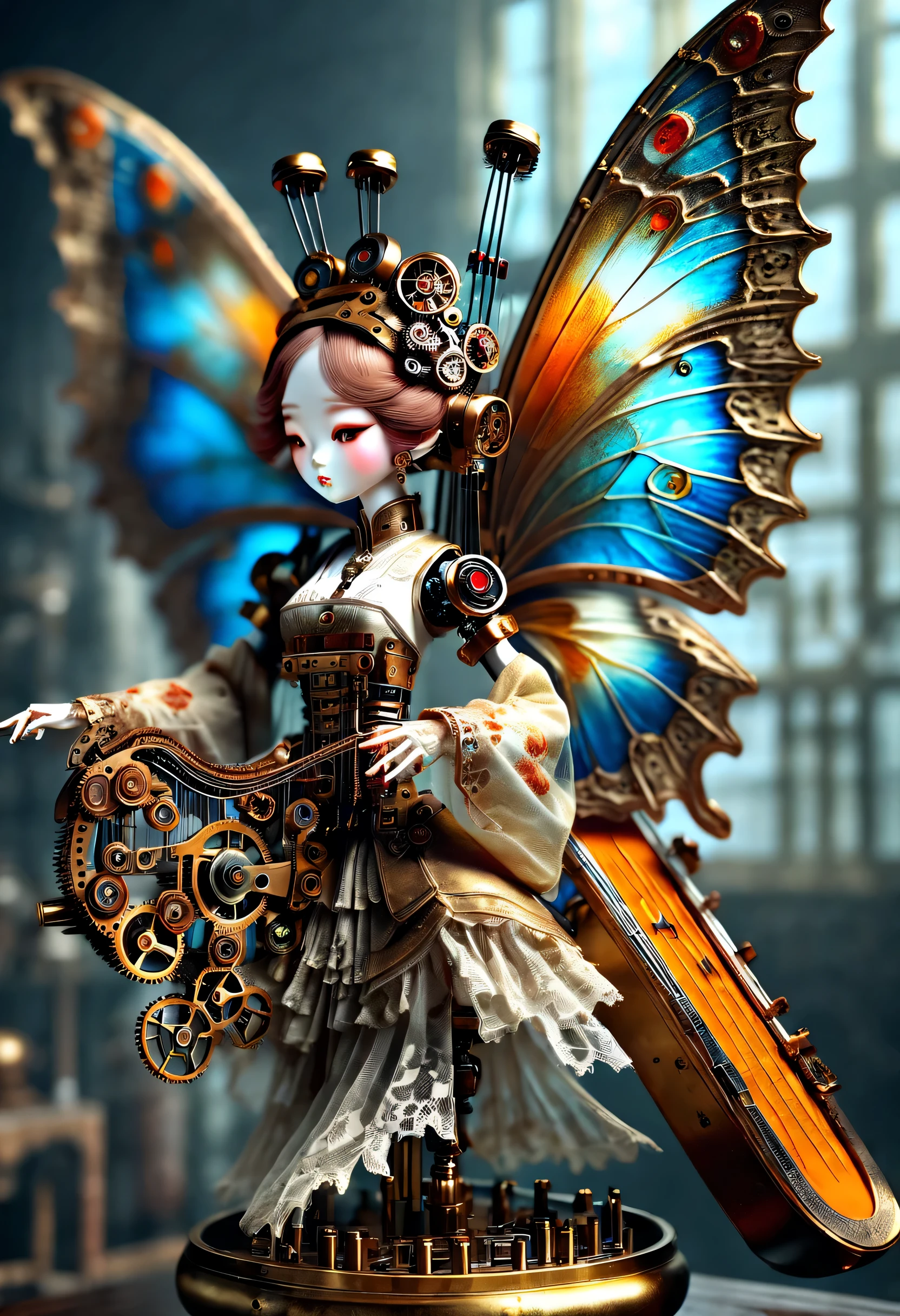 Mechanical doll design，（Mechanically constructed Chinese Hanfu doll plays the Chinese harp Pipa），robot character, Beautiful and meticulous，Mechanical clockwork，gear，Mechanical device base，Insert the top screw key into the back of the doll，Extra long wavy red head，tangerine裙子，8k smoke，Ultra-fine，lifelike，high resolution，Motion ray tracing，discover realism，Dramatic lighting of transparent oversized butterfly wings，Aged and weathered appearance，Steampunk elements，Eerie and surreal atmosphere，Intricate lace pattern，Like composition，exquisite craft，Gothic aesthetics，strange beauty+，[high dynamic range]，[Fear]，[concept artist]，[keen focus]，[main]，[bright colors]，[Bokeh]，long range shot，See deeply，blue，tangerine，