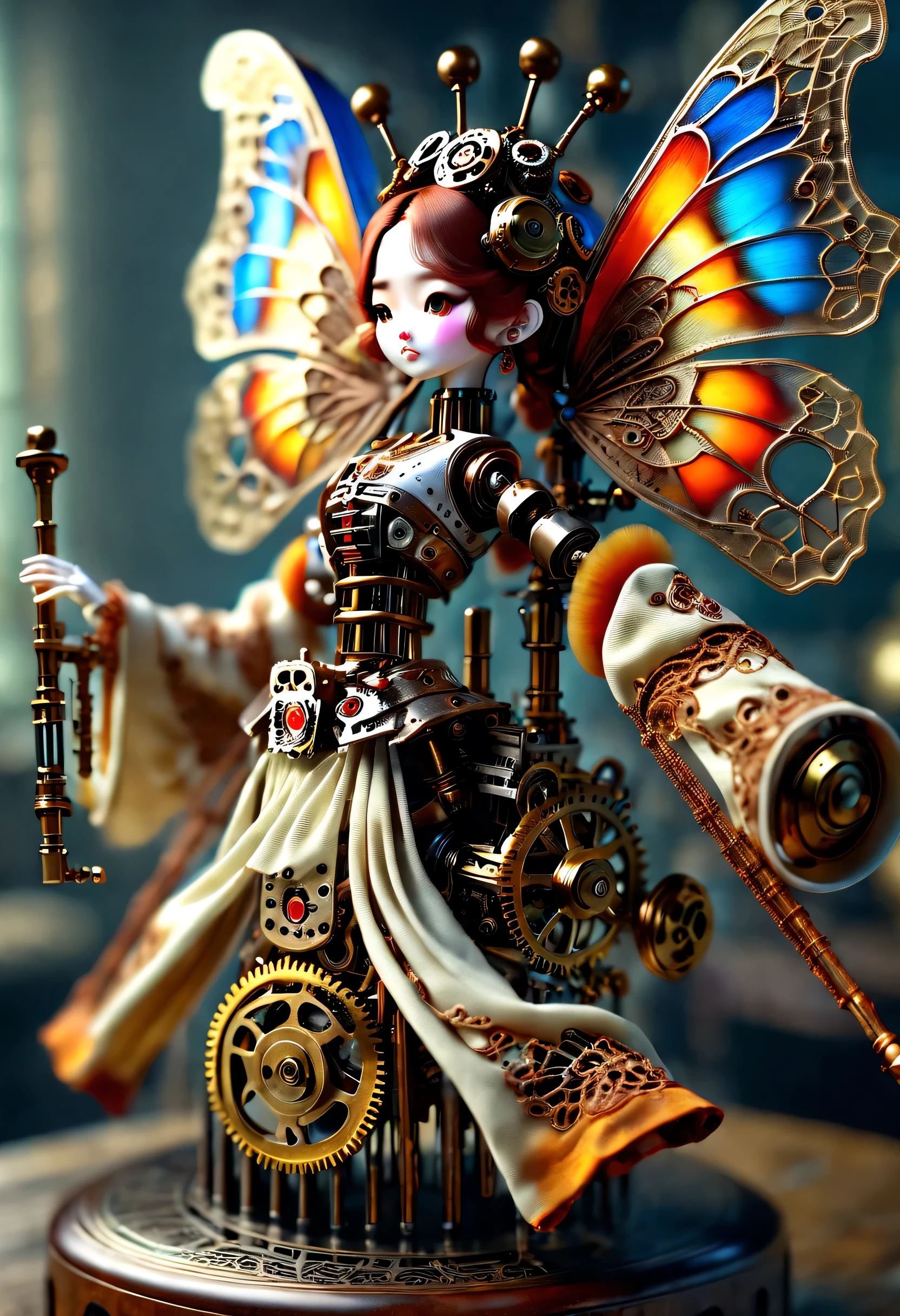 Mechanical doll design，（Mechanically constructed Chinese Hanfu doll plays the Chinese harp Pipa），robot character, Beautiful and meticulous，Mechanical clockwork，gear，Mechanical device base，Insert the top screw key into the back of the doll，Extra long wavy red head，tangerine裙子，8k smoke，Ultra-fine，lifelike，high resolution，Motion ray tracing，discover realism，Dramatic lighting of transparent oversized butterfly wings，Aged and weathered appearance，Steampunk elements，Eerie and surreal atmosphere，Intricate lace pattern，Like composition，exquisite craft，Gothic aesthetics，strange beauty+，[high dynamic range]，[Fear]，[concept artist]，[keen focus]，[main]，[bright colors]，[Bokeh]，long range shot，See deeply，blue，tangerine，
