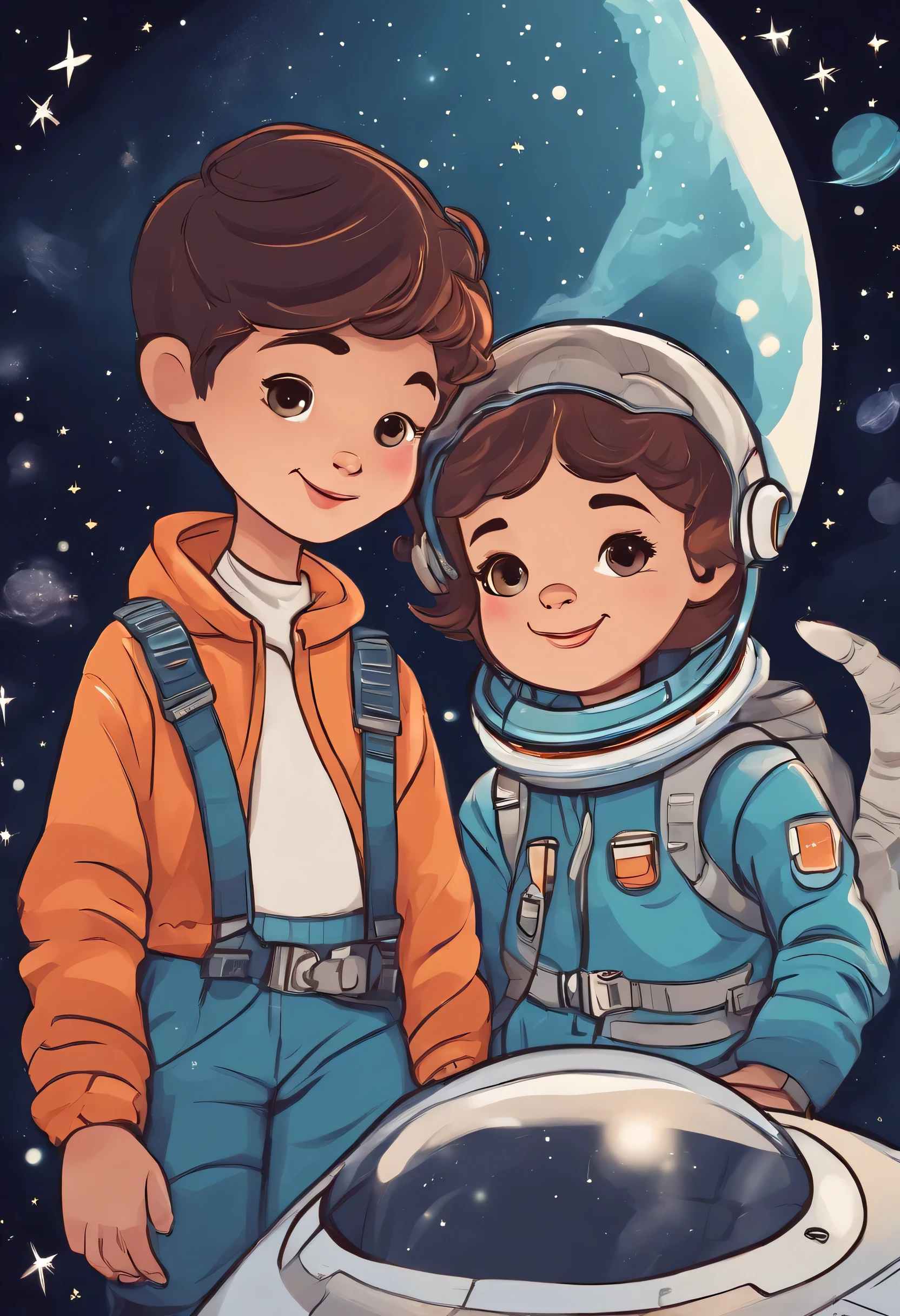 Cartoon illustration of a boy and a girl in space with cat, official fan art, in space, kitten in outer space, in outer space, in deep space, in galaxies, deep space exploration!!!, space travel, wearing in stars and planets, outer space, outer space, starry sky in space, in space, official art, space, on a spaceship, colorful, cute, more detailed, light, more realistic, cartoon