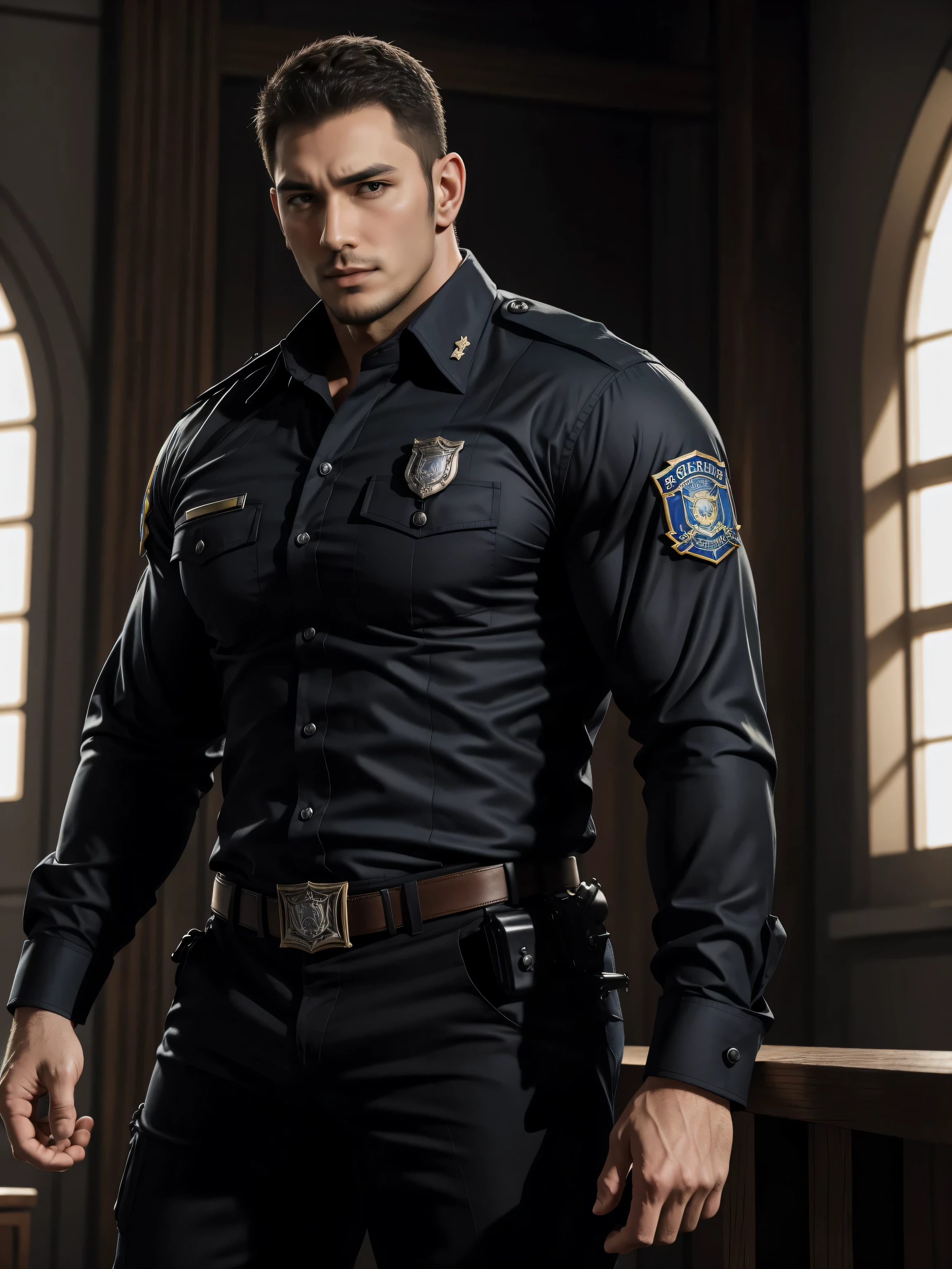 Tall giant muscular肌肉男警官，Handsome long sleeve police uniform，Wear it over a shirt，police certificate，Rolex watches，character concept（Resident Evil - chris redfield，chris redfield）proud expression，Deep and charming eyes，heroic male pose，高大burly，muscular！muscular大腿，tough guy，perfect facial features，High, burly, Heqiang， Super gain and cool， high resolution committee，Charming strong man，The bright sunshine shines on you through the window