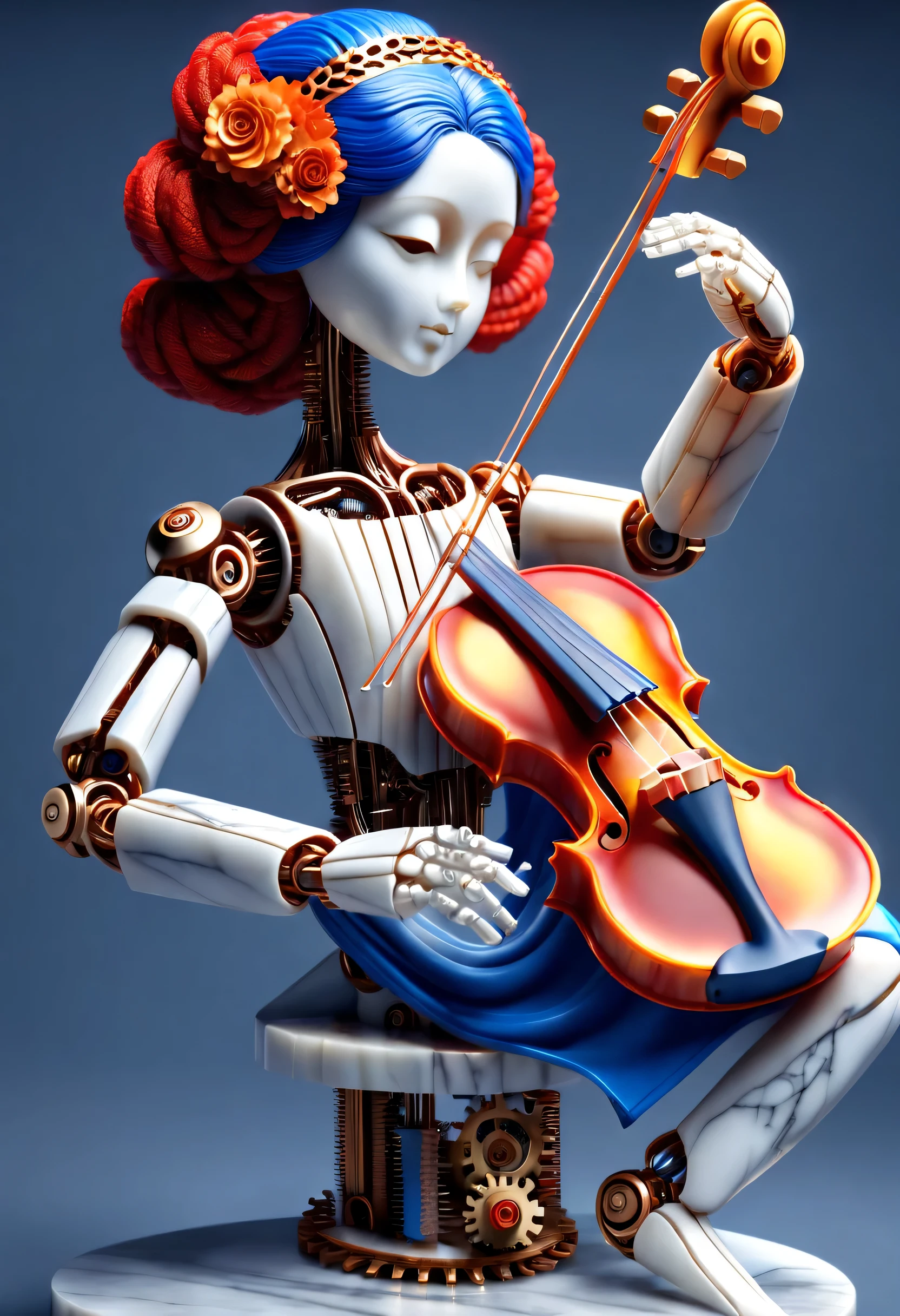 Mechanical doll design,Marble sculpture style(Mechanical doll playing violin), Mechanical clockwork,gear,Mechanical device base,Extra long red double braided hair,blue and orange skirt,8k,Ultra-fine,lifelike,high resolution,Motion ray tracing,robot character, Beautiful and meticulous,