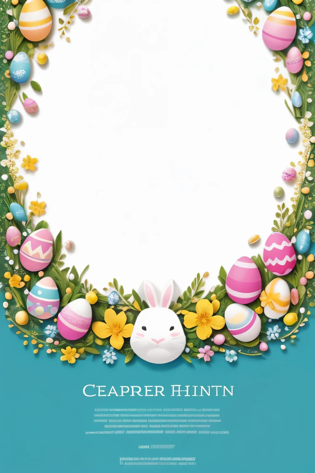 A promotional design poster for an Easter egg hunt for children, featuring an attractive central white space for writing, immersed in the fantastic colors of Easter. This vibrant, whimsical work of art invites young imaginations to fill in the details, adding excitement and anticipation to the joyous Easter holiday event. Detalhado e meticulosamente elaborado, Each element of this high-definition poster radiates the beauty and charm of the season, making it an official masterpiece and a high-quality addition to any Easter celebration promotion.