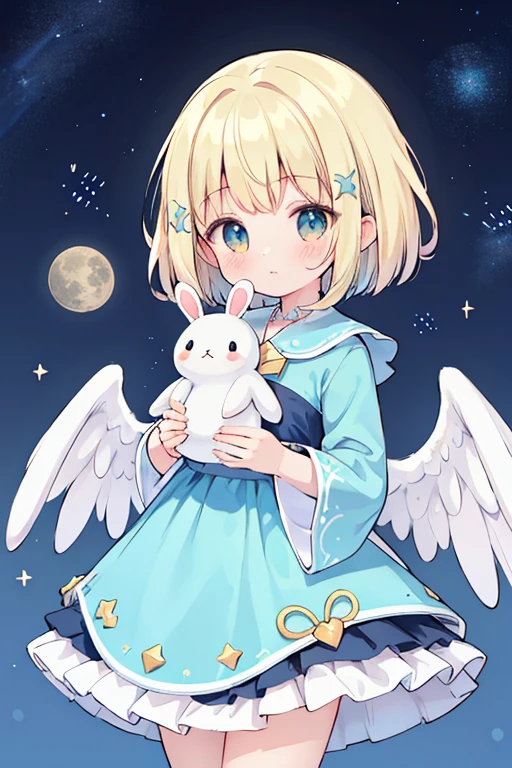 Top Quality, Masterpiece, Ultra High Resolution, Pretty Facial Features, Flat Design, Gawr Gura, Gawr Gura as magical girls with wings, holding a bunny-stuffed animal with both hands close to chess, perfect face, Gawr Gura with short hair,simple background, colorful, cute girl floating at night sky, starry sky in background, huge full moon, beautiful simple flowing blue dress