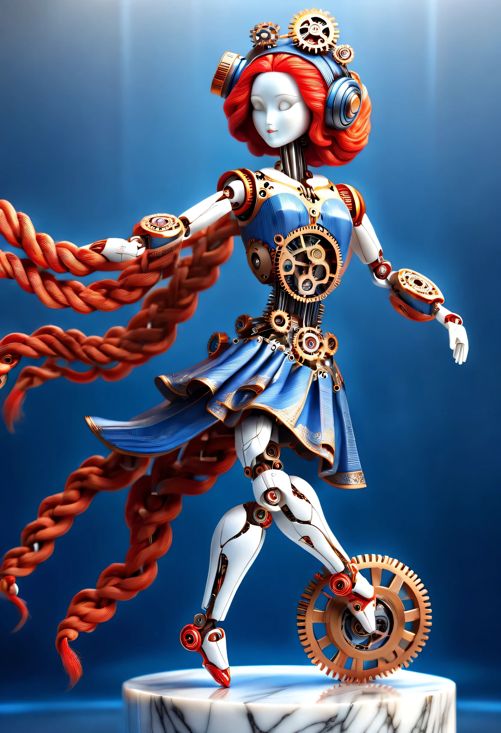 Mechanical doll design,Marble sculpture style(A mechanical doll is dancing), robot character, Beautiful and meticulous,Mechanical clockwork,gear,Mechanical device base,Extra long red double braided hair,blue and orange skirt,dance,8k,Ultra-fine,lifelike,high resolution,Motion ray tracing,