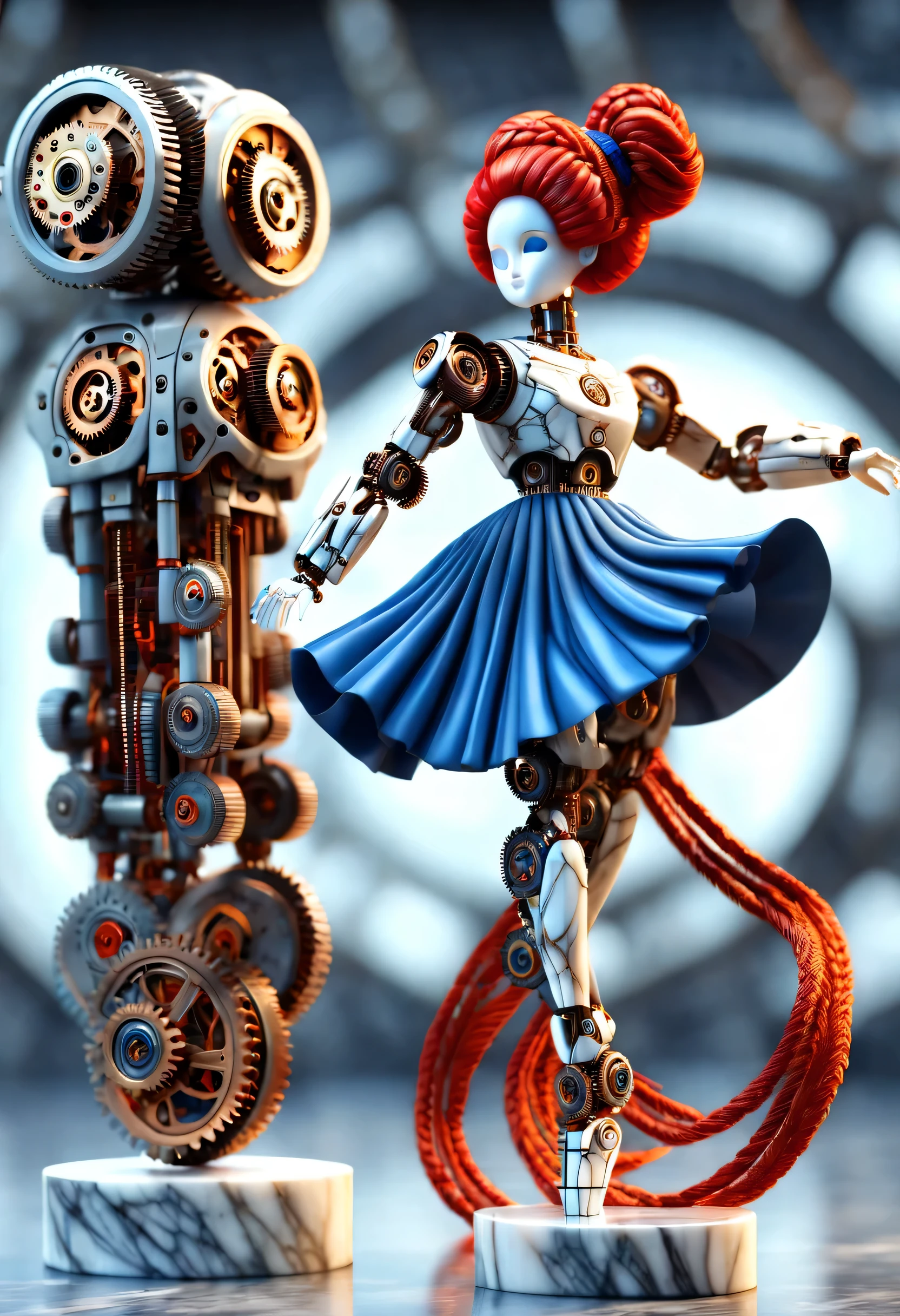 Mechanical doll design,Marble sculpture style(A mechanical doll is dancing), robot character, Beautiful and meticulous,Mechanical clockwork,gear,Mechanical device base,Extra long red double braided hair,blue and orange skirt,dance,8k,Ultra-fine,lifelike,high resolution,Motion ray tracing,