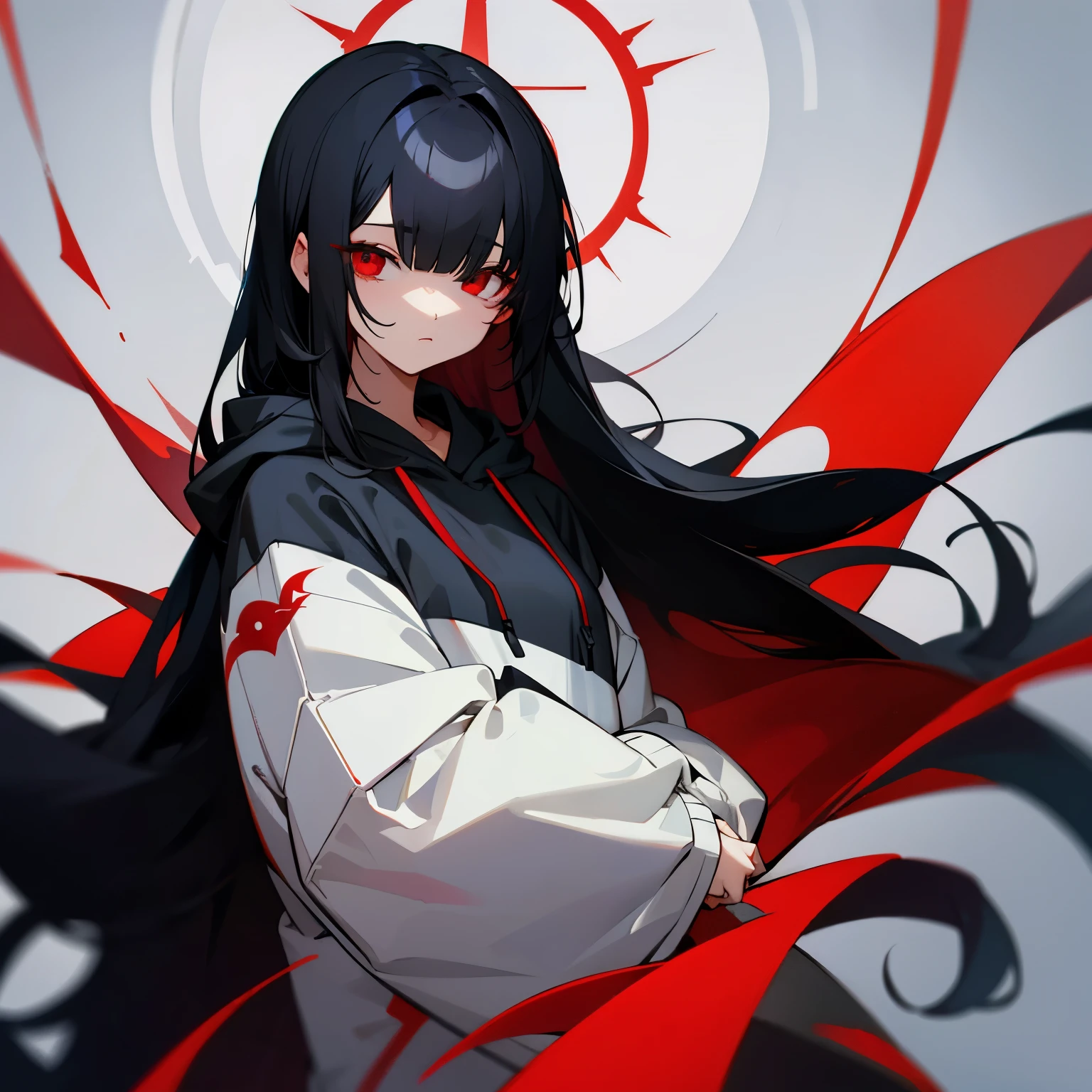 black hair、long hair、red eyes、dark、hanging eyes、nonchalant、Beautiful type、cute、cool、hoodie、hair behind ears、illustration style