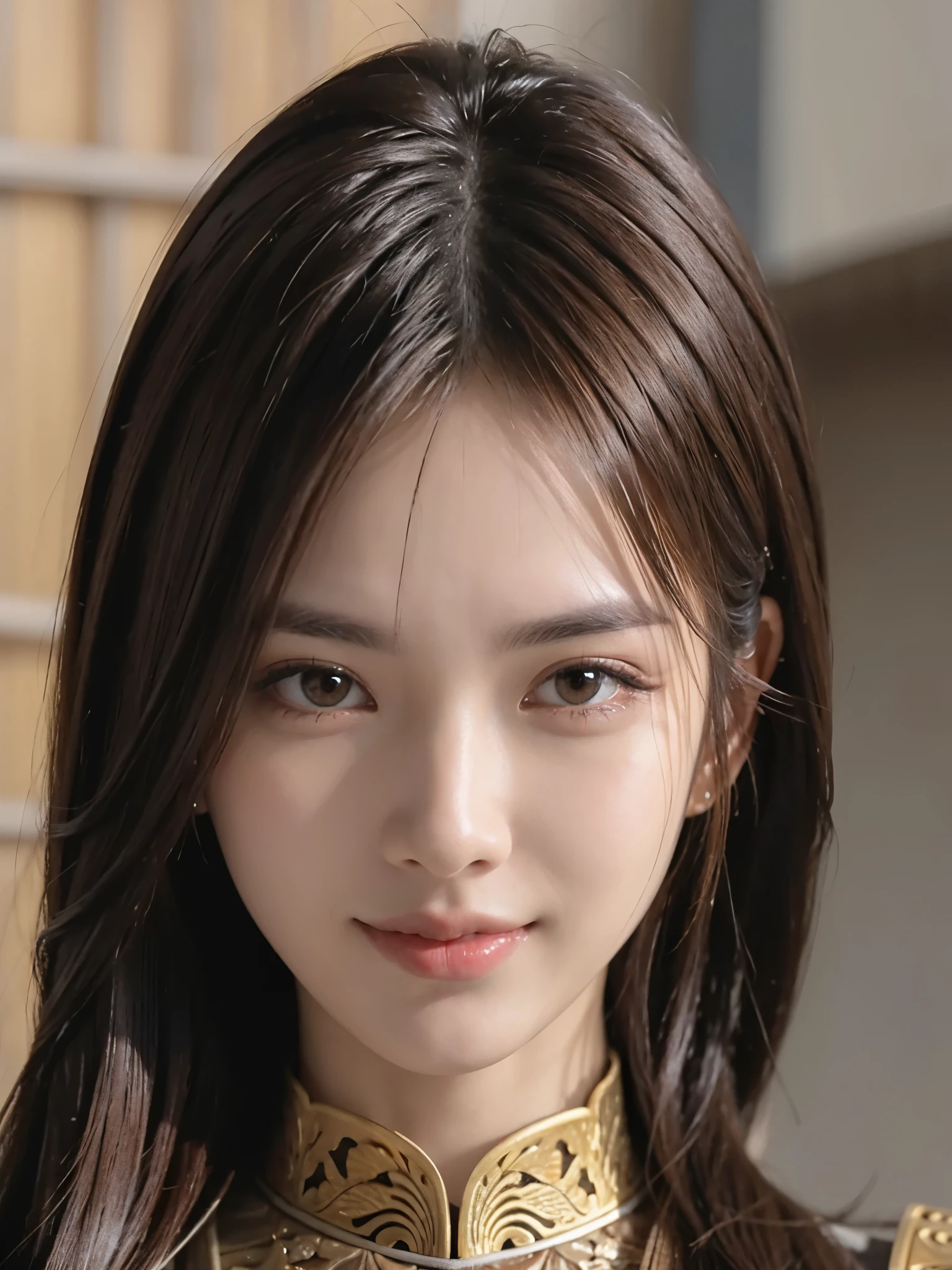 masutepiece, Best Quality, Photorealistic, Ultra-detailed, finely detail, High resolution, 8K Wallpaper, 1 beautiful woman,, light brown messy hair, in a shogun armor,holding a katana,sharp focus, Perfect dynamic composition, Beautiful detailed eyes, detailed hairs, Detailed realistic skin texture, Smiling, Close-up portrait, Model body type,standing on a street