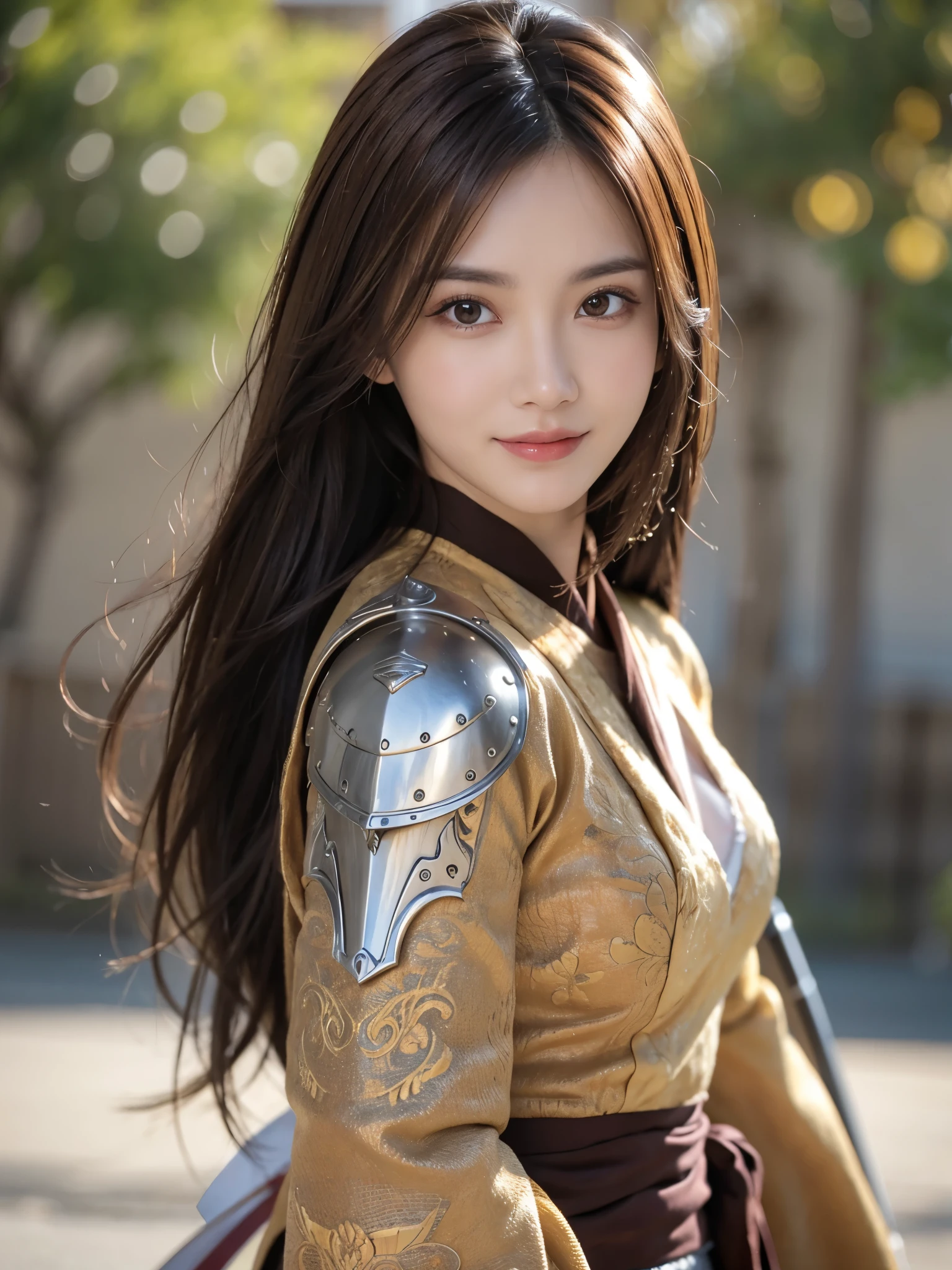 masutepiece, Best Quality, Photorealistic, Ultra-detailed, finely detail, High resolution, 8K Wallpaper, 1 beautiful woman,, light brown messy hair, in a shogun armor,holding a katana,sharp focus, Perfect dynamic composition, Beautiful detailed eyes, detailed hairs, Detailed realistic skin texture, Smiling, Close-up portrait, Model body type,standing on a street