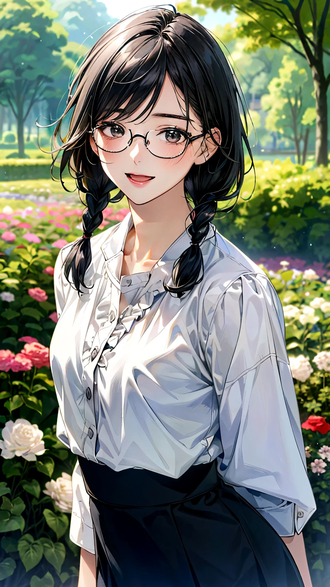 (masterpiece:1.2, top-quality, ultra high res, ultra detailed), (realistic, photorealistic:1.4), beautiful illustration, (natural side lighting, movie lighting),
looking at viewer, (face focus, upper body), 1 girl, japanese, high school dirl, perfect face, (perfect anatomy), cute and symmetrical face, baby face, shiny skin, slender
(short hair:0.8, twin braids:1.2, black hair), braided bangs, grey eyes, long eye lasher, (medium breasts),
beautiful hair, beautiful face, beautiful detailed eyes, beautiful clavicle, beautiful body, beautiful chest, beautiful thigh, beautiful legs,
((detailed cloth texture, ruffled blouse with white collar, high-waisted skirt with 4 buttons), black-rimmed glasses), ,
(beautiful scenery), evening, IvoryGoldAI, (flower garden), walking, (lovely smile, upper eyes, open mouth small,),